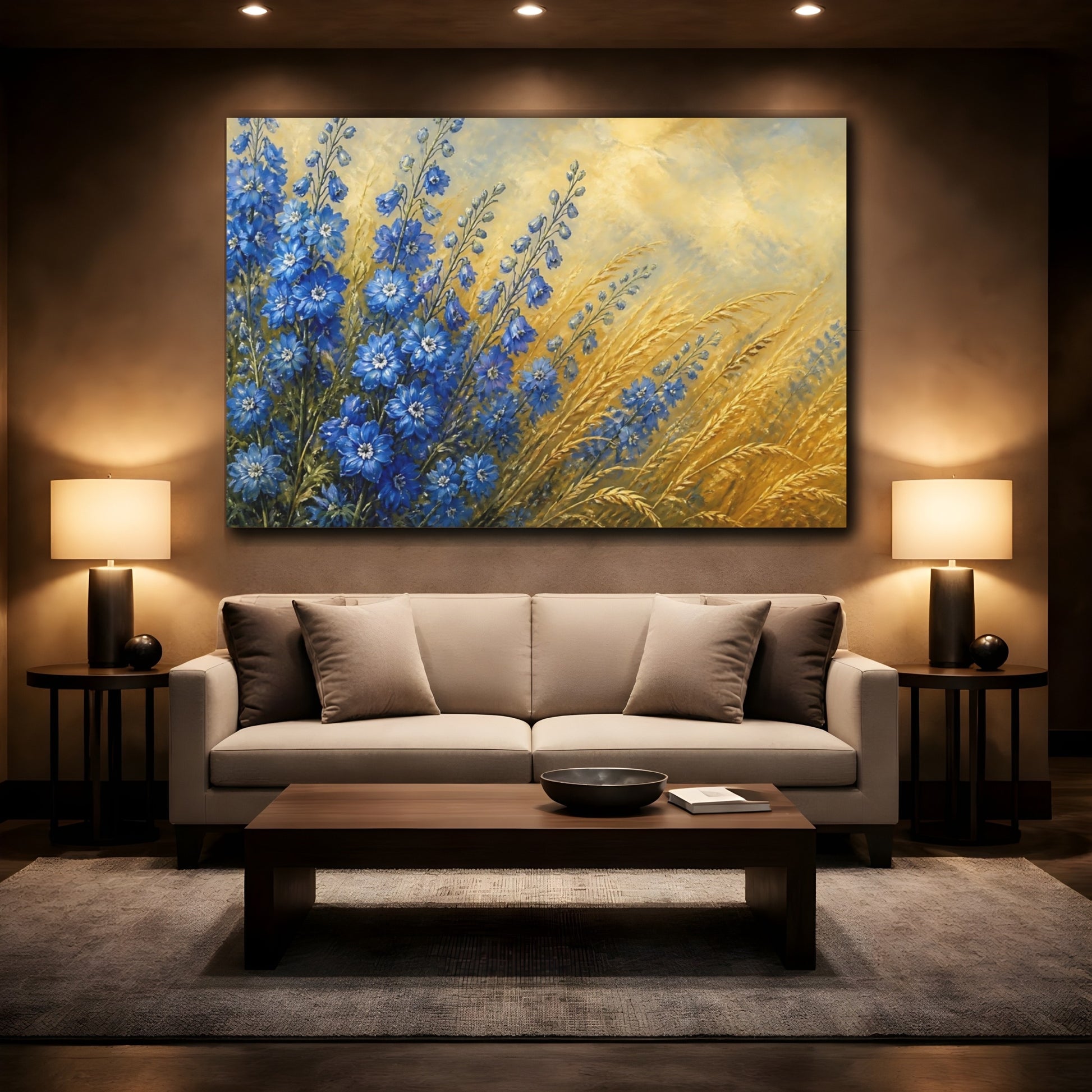 Mockup 2. Delphiniums Beside Golden Grass shown as canvas print