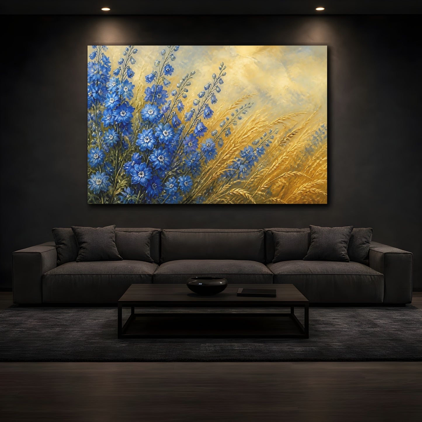 Mockup 3. Delphiniums Beside Golden Grass shown as canvas print