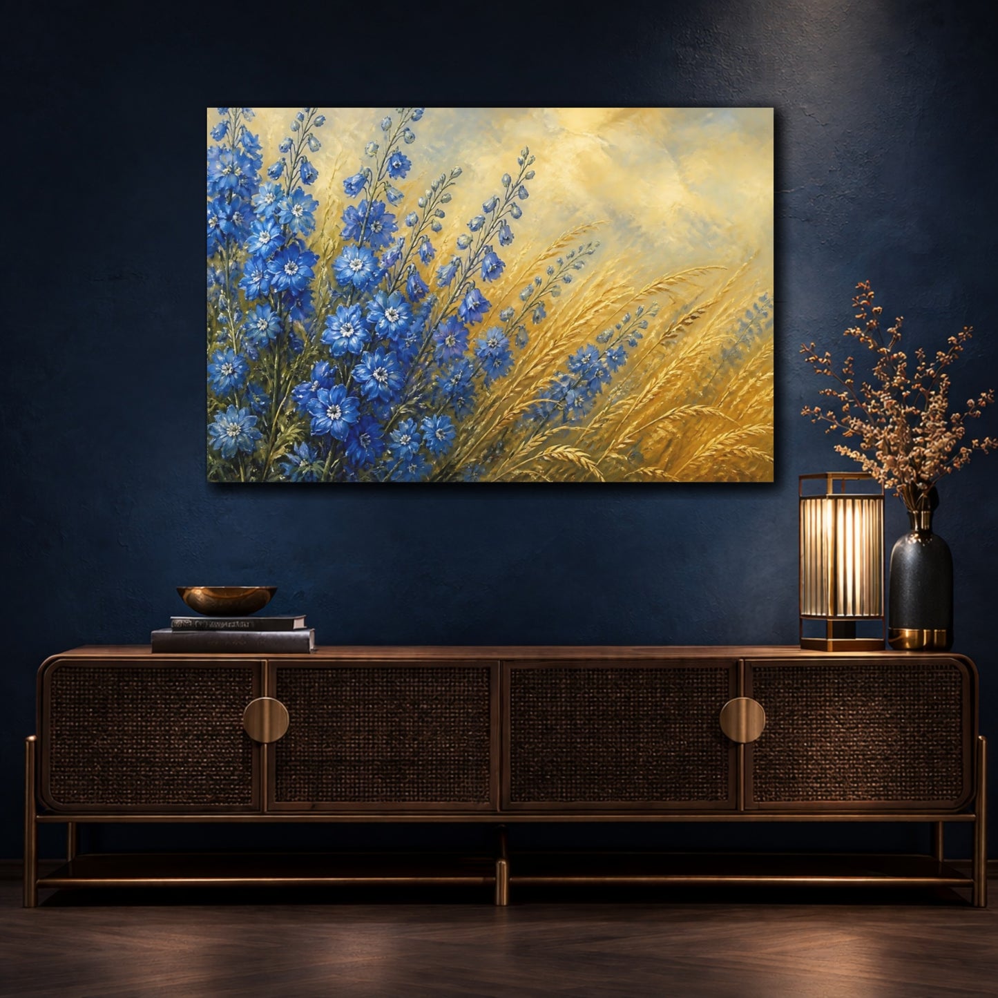 Mockup 4. Delphiniums Beside Golden Grass shown as canvas print