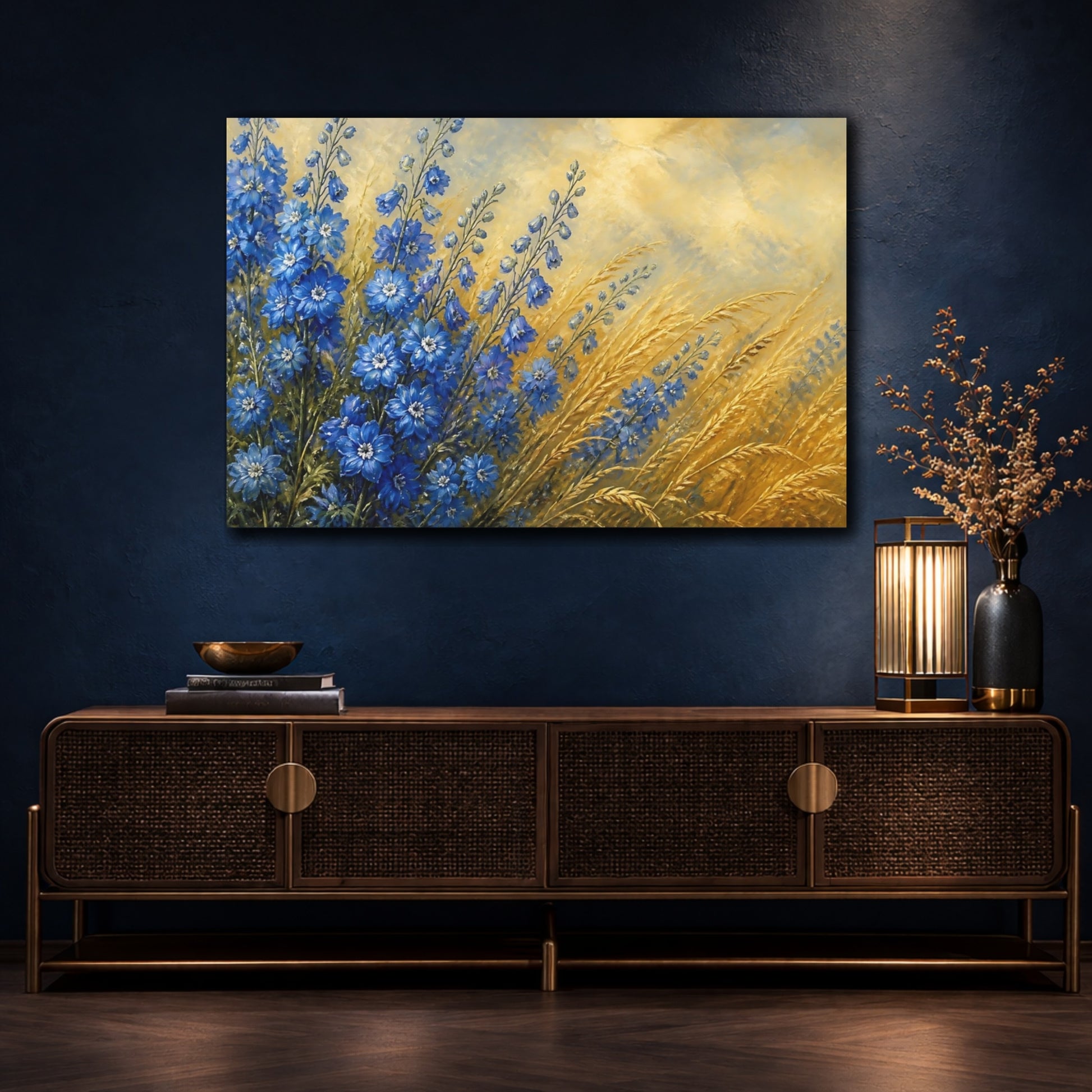 Mockup 4. Delphiniums Beside Golden Grass shown as canvas print