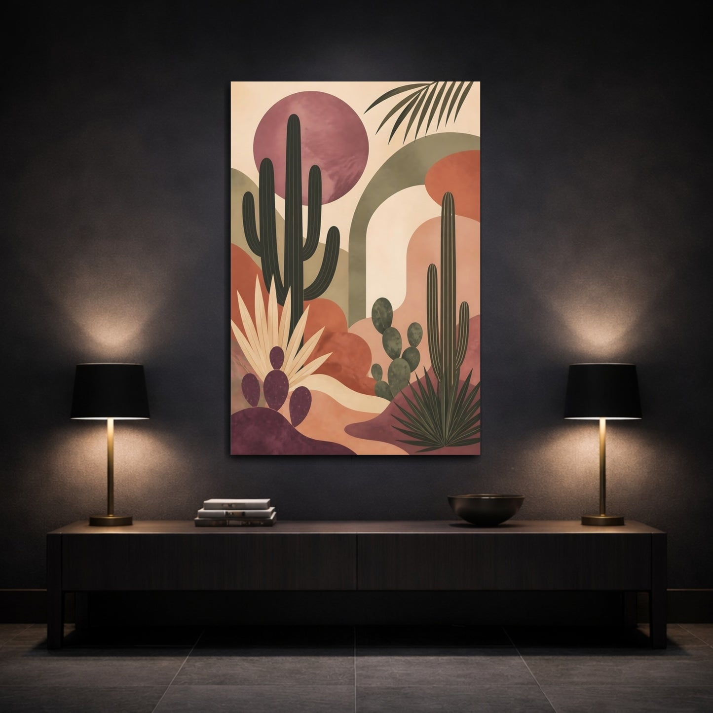 Mockup 3. Desert Cactus Sunset shown as canvas print