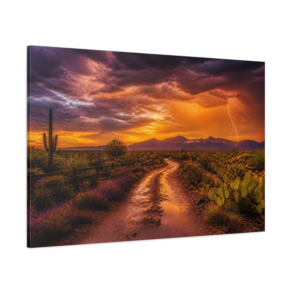 Side Mockup 1. Desert Lightning Landscape shown as canvas print