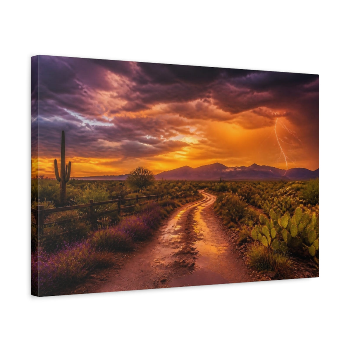 Side Mockup 3. Desert Lightning Landscape shown as canvas print