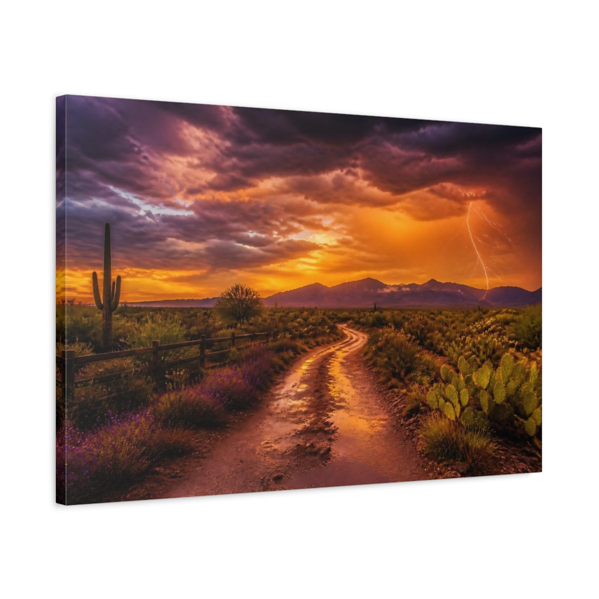 Side Mockup 2. Desert Lightning Landscape shown as canvas print