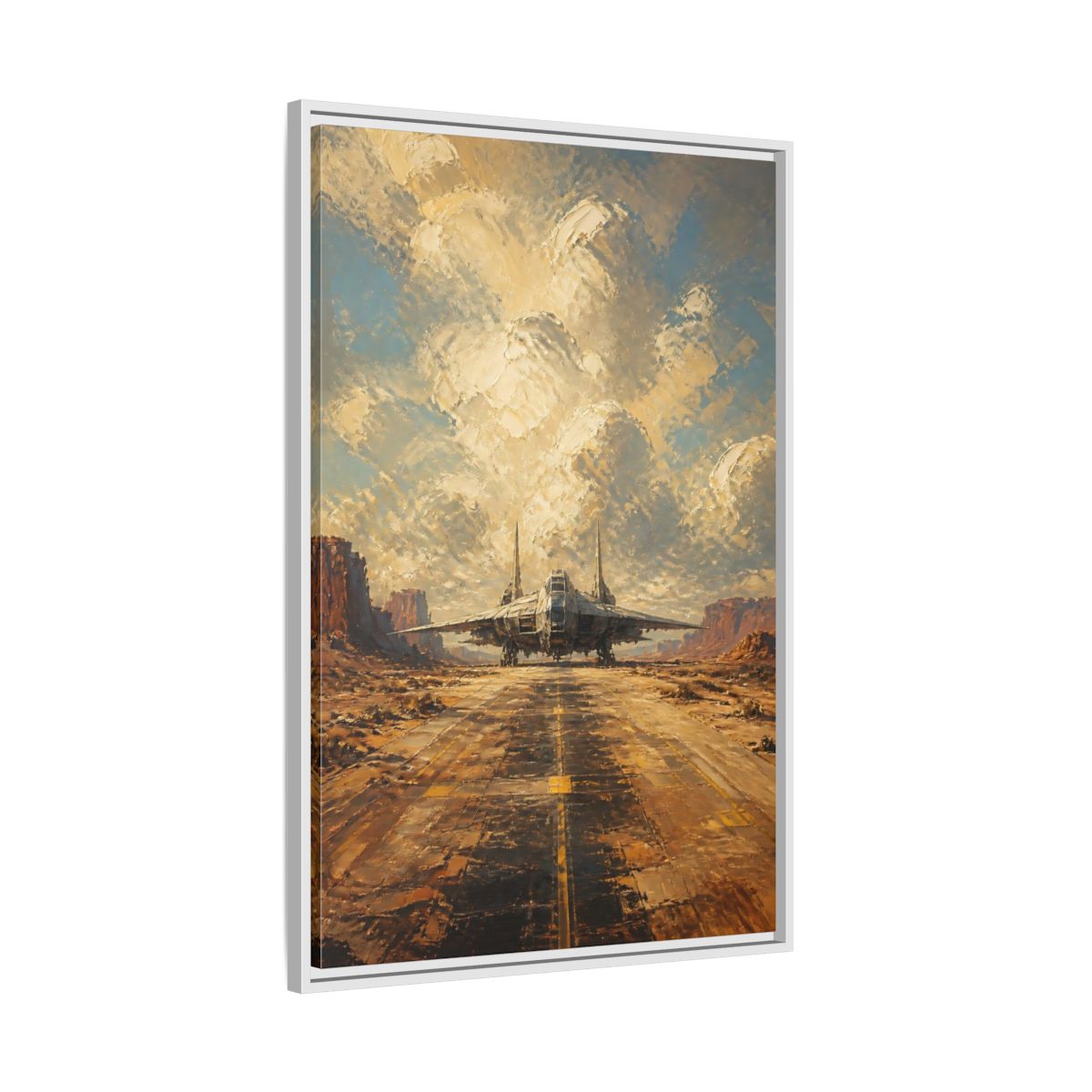 Side Mockup 9. Desert Spacecraft On Runway shown as framed canvas print