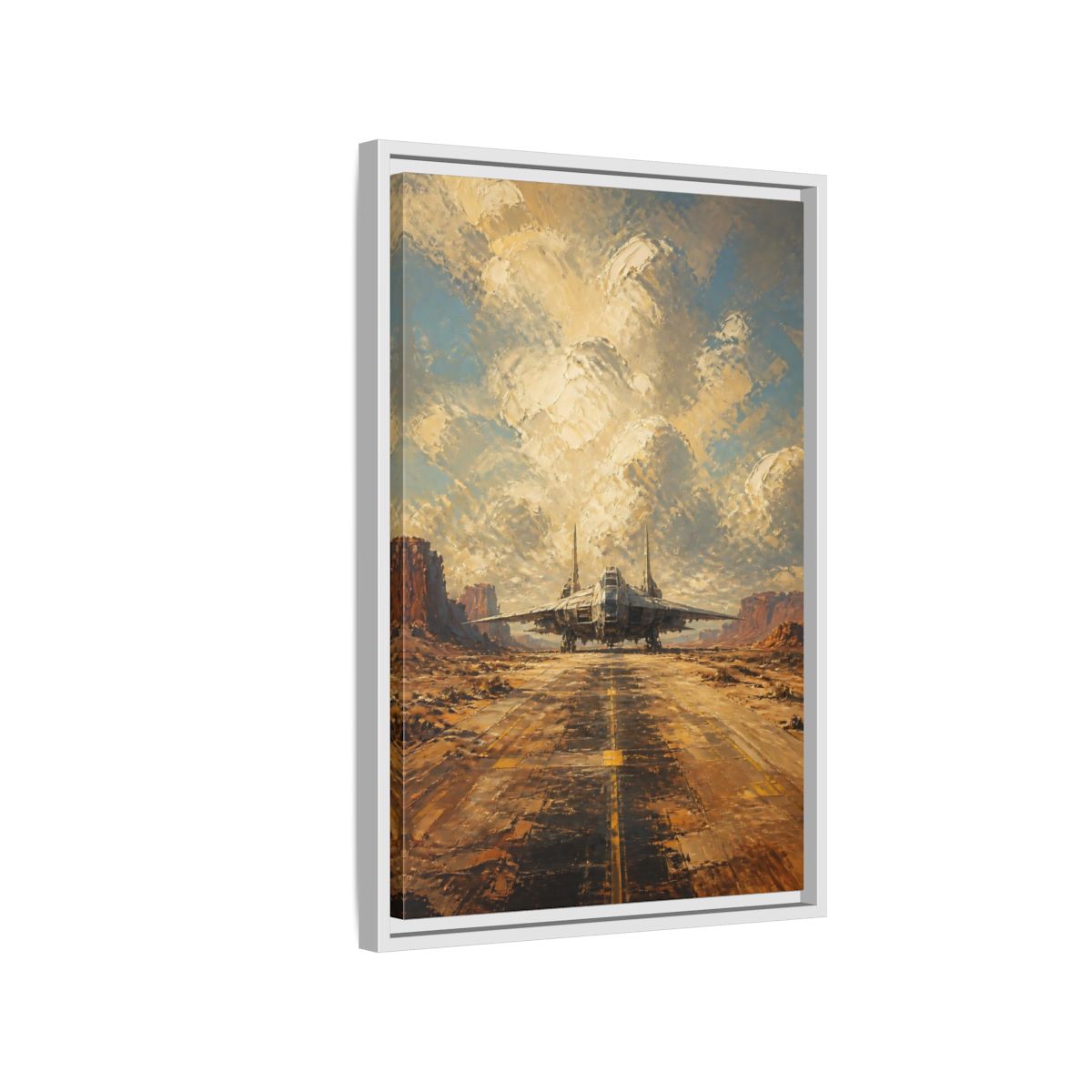 Side Mockup 1. Desert Spacecraft On Runway shown as framed canvas print