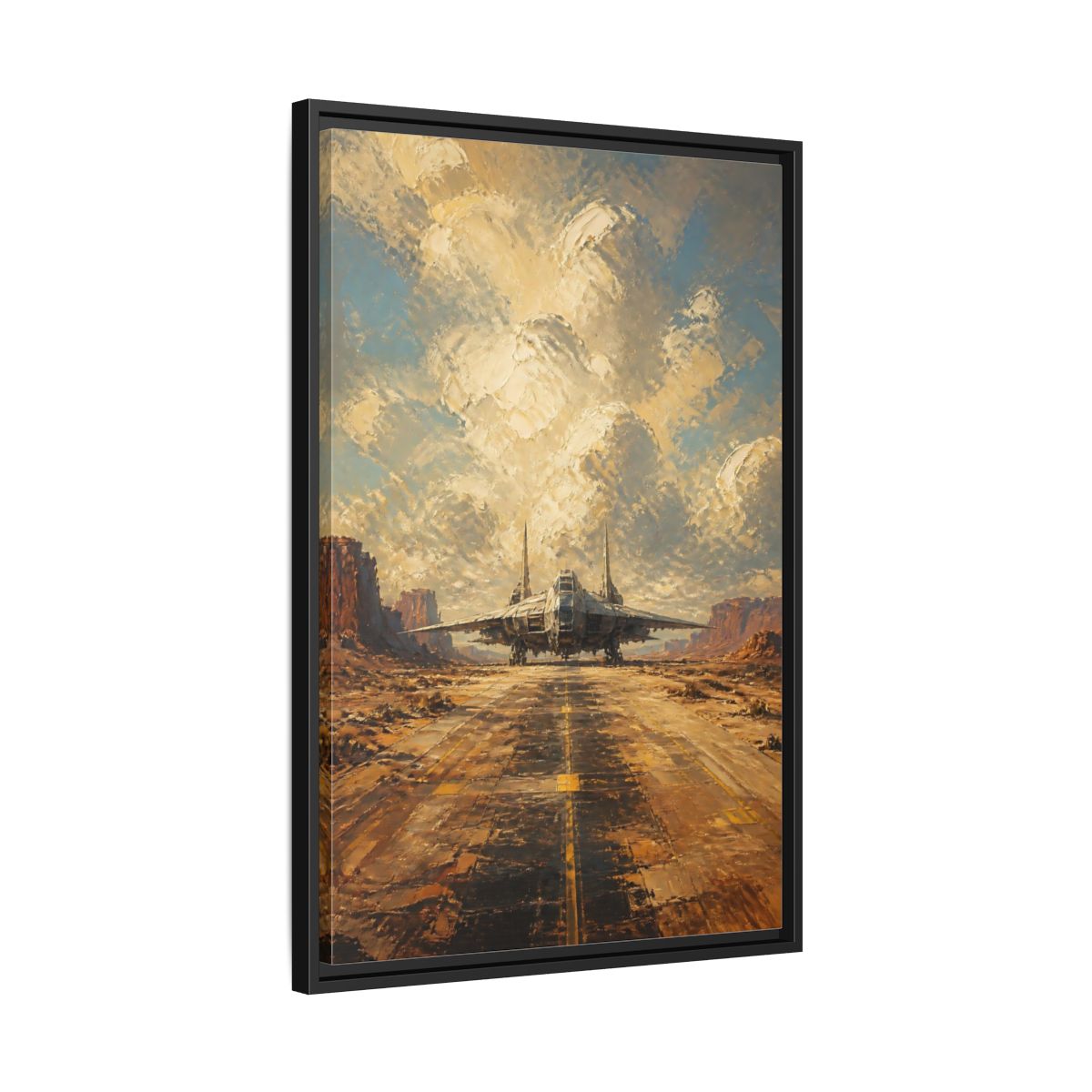 Side Mockup 14. Desert Spacecraft On Runway shown as framed canvas print