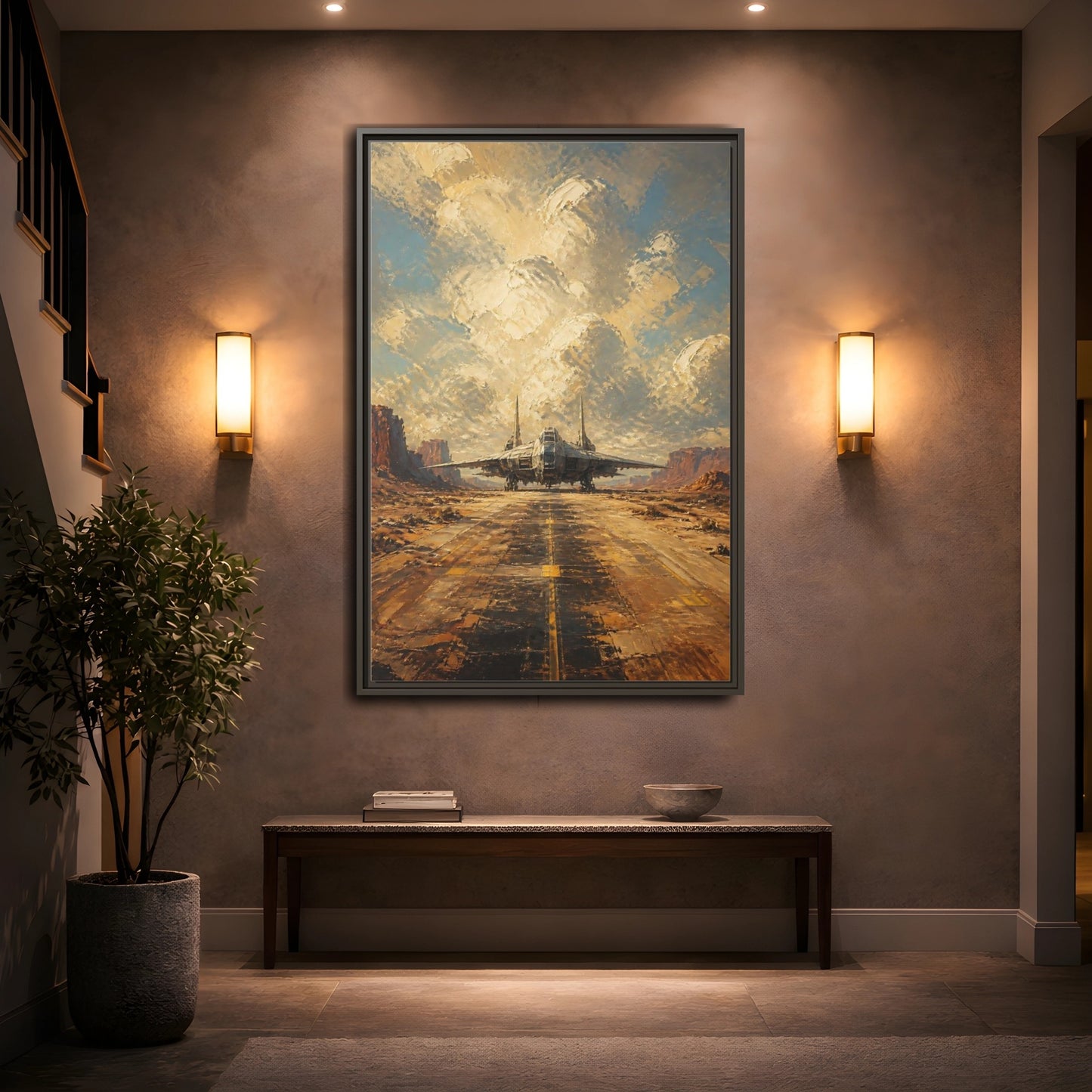 Mockup 2. Desert Spacecraft On Runway shown as framed canvas print