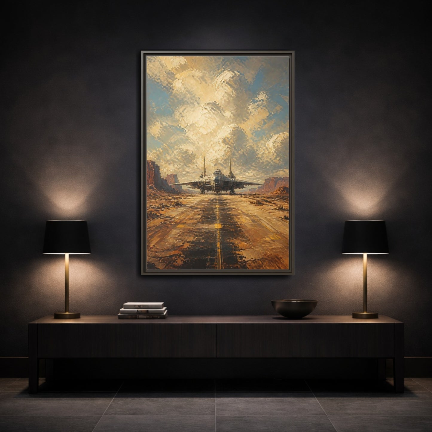 Mockup 3. Desert Spacecraft On Runway shown as framed canvas print
