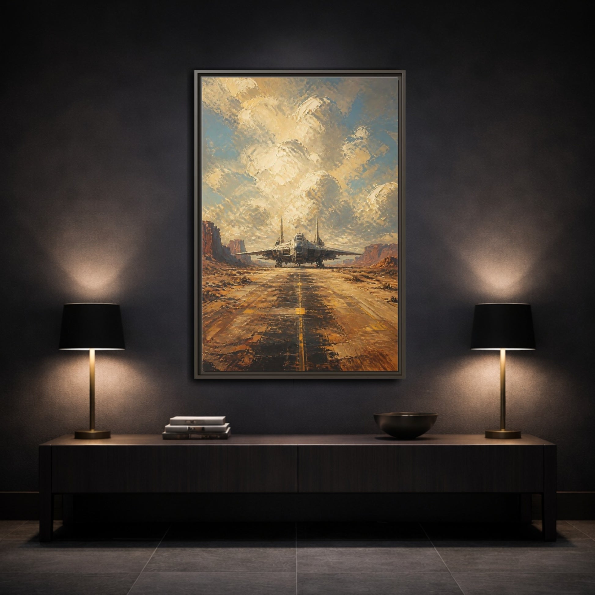 Mockup 3. Desert Spacecraft On Runway shown as framed canvas print