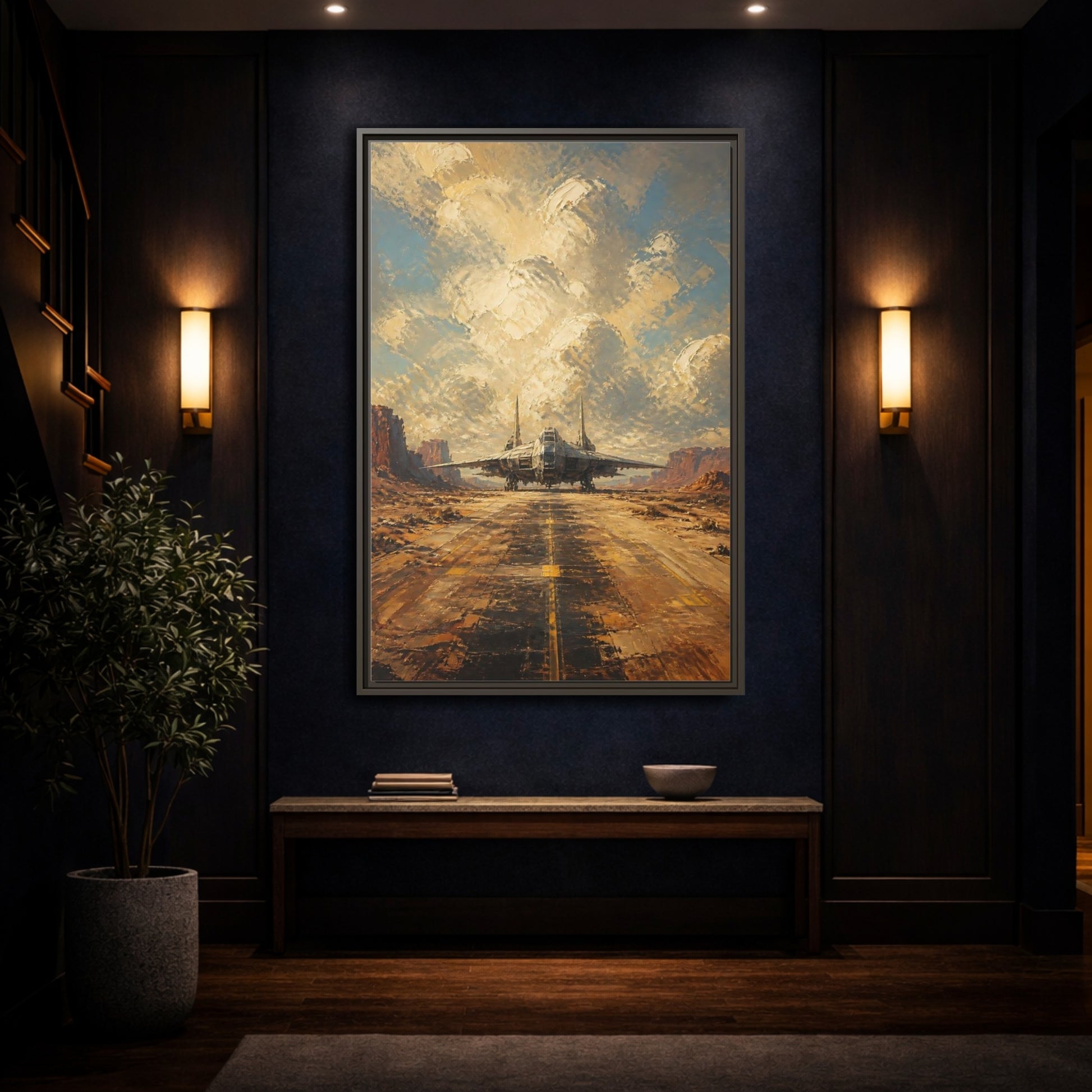 Mockup 4. Desert Spacecraft On Runway shown as framed canvas print