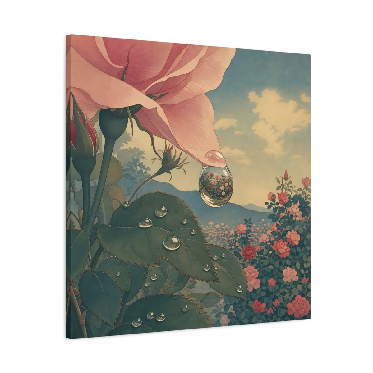 Dew Drop Rose Reflection Canvas Print – Living Room, Above Console Table, Soft Pink & Teal - YesArtYes