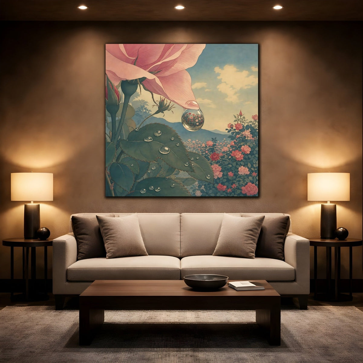 Dew Drop Rose Reflection Canvas Print – Living Room, Above Console Table, Soft Pink & Teal - YesArtYes
