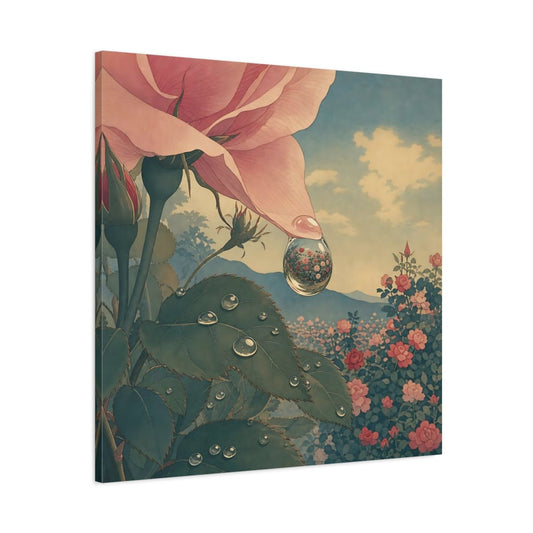 Dew Drop Rose Reflection Canvas Print – Living Room, Above Console Table, Soft Pink & Teal - YesArtYes