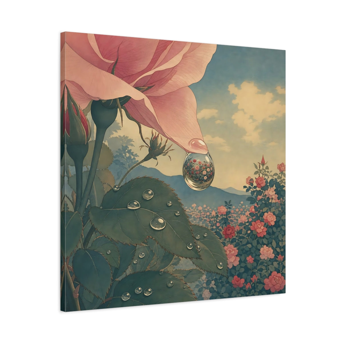 Side Mockup 3. Dew Drop Rose Reflection shown as canvas print