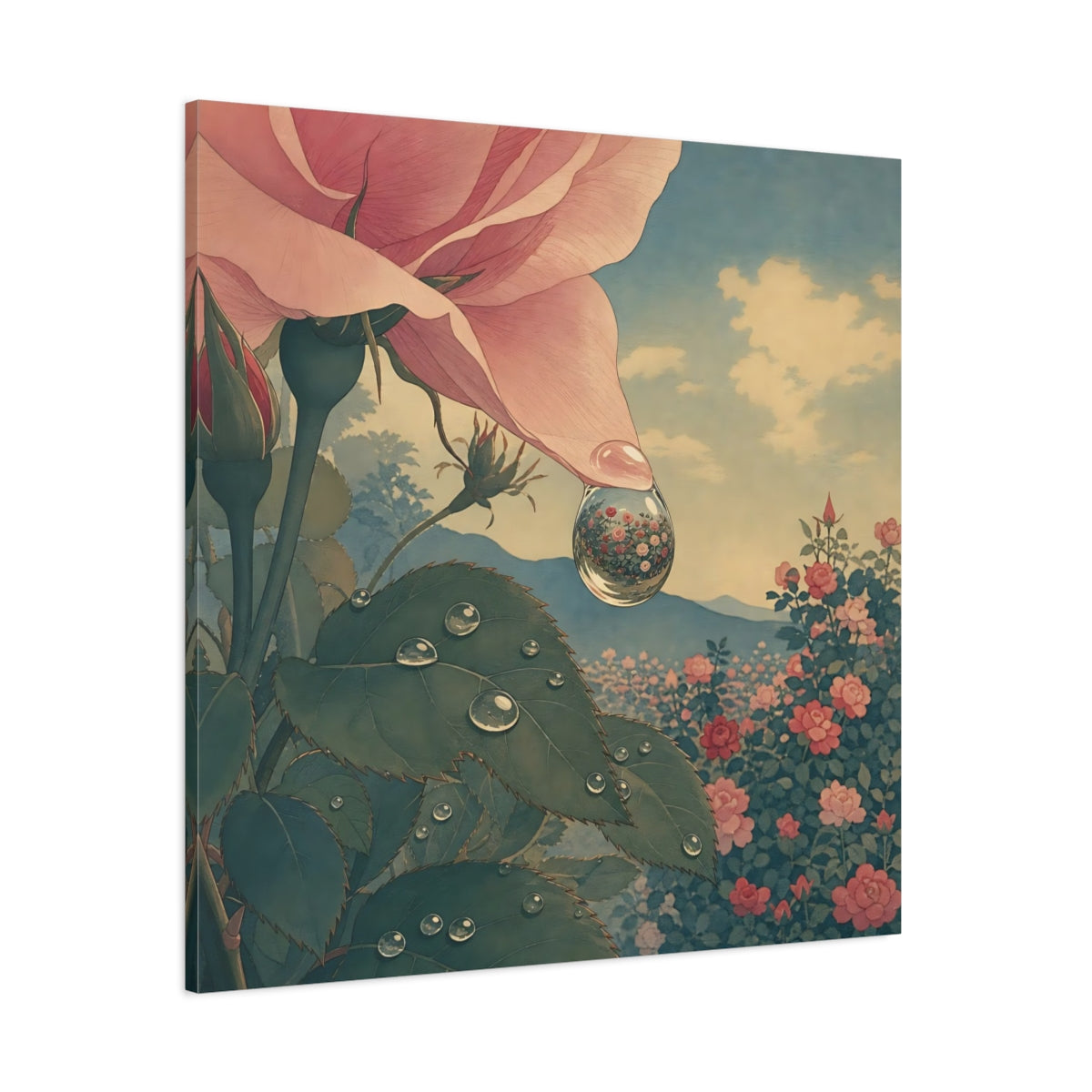 Side Mockup 1. Dew Drop Rose Reflection shown as canvas print