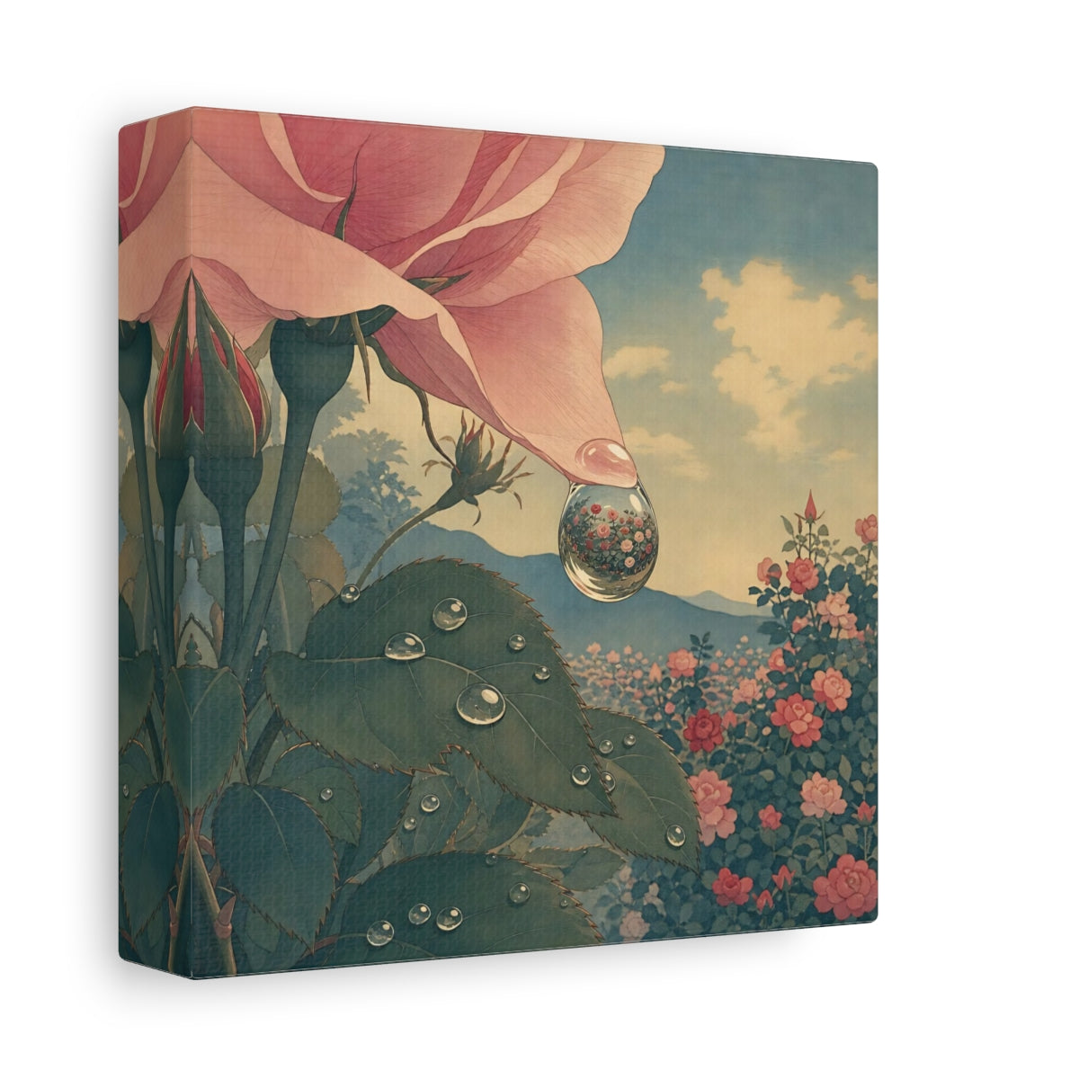 Side Mockup 2. Dew Drop Rose Reflection shown as canvas print