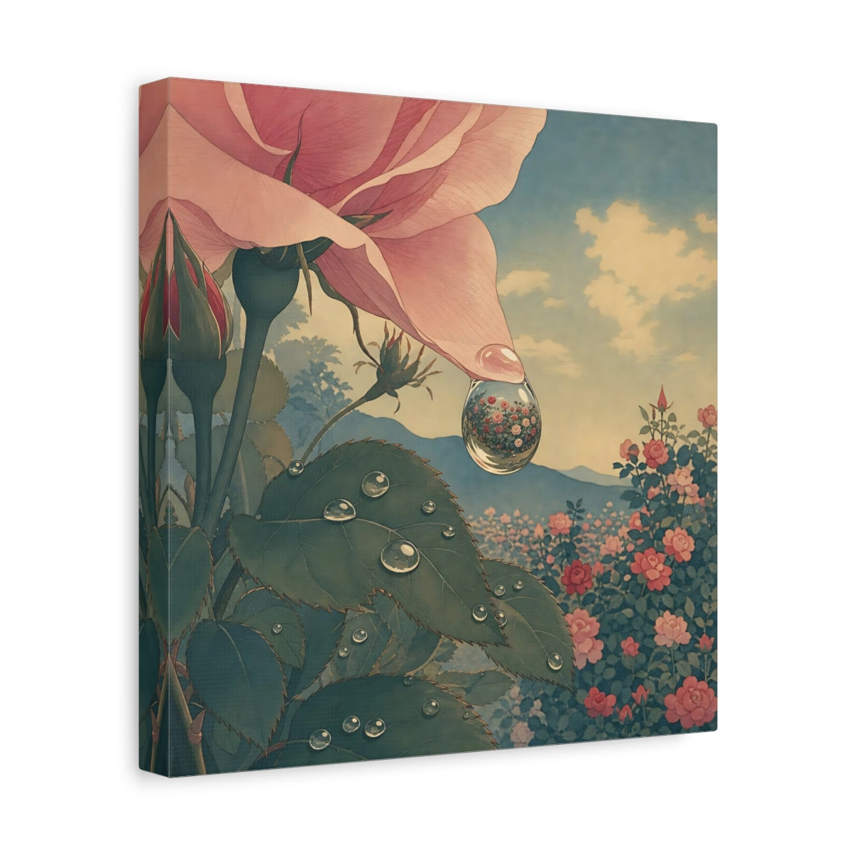 Side Mockup 8. Dew Drop Rose Reflection shown as canvas print