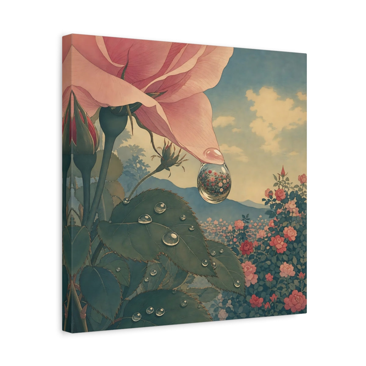 Side Mockup 6. Dew Drop Rose Reflection shown as canvas print