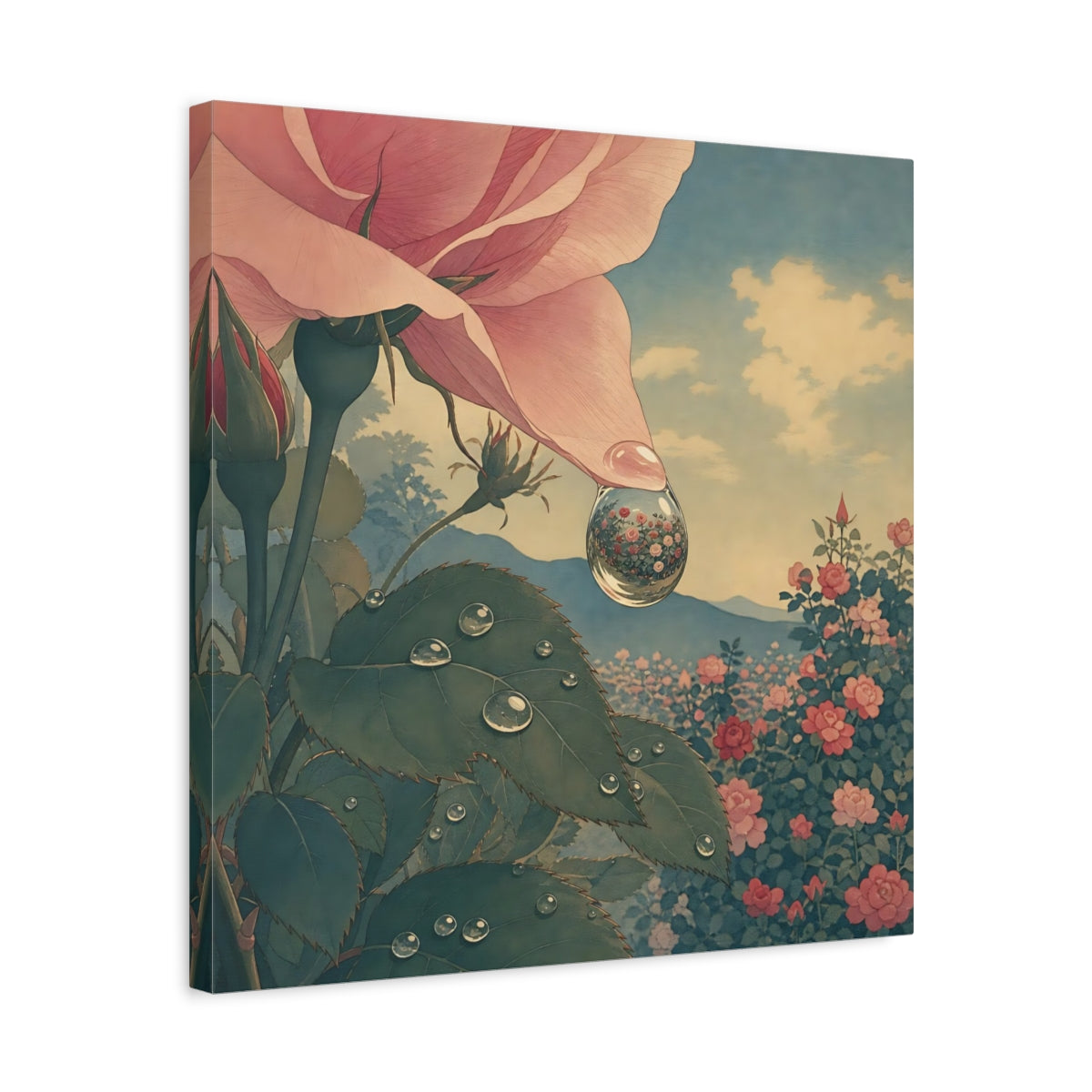 Side Mockup 5. Dew Drop Rose Reflection shown as canvas print