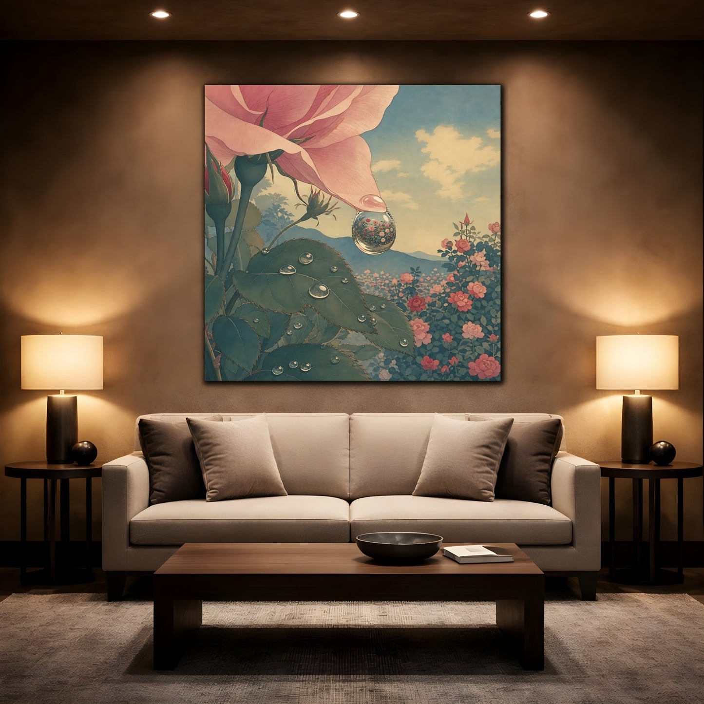 Mockup 2. Dew Drop Rose Reflection shown as canvas print