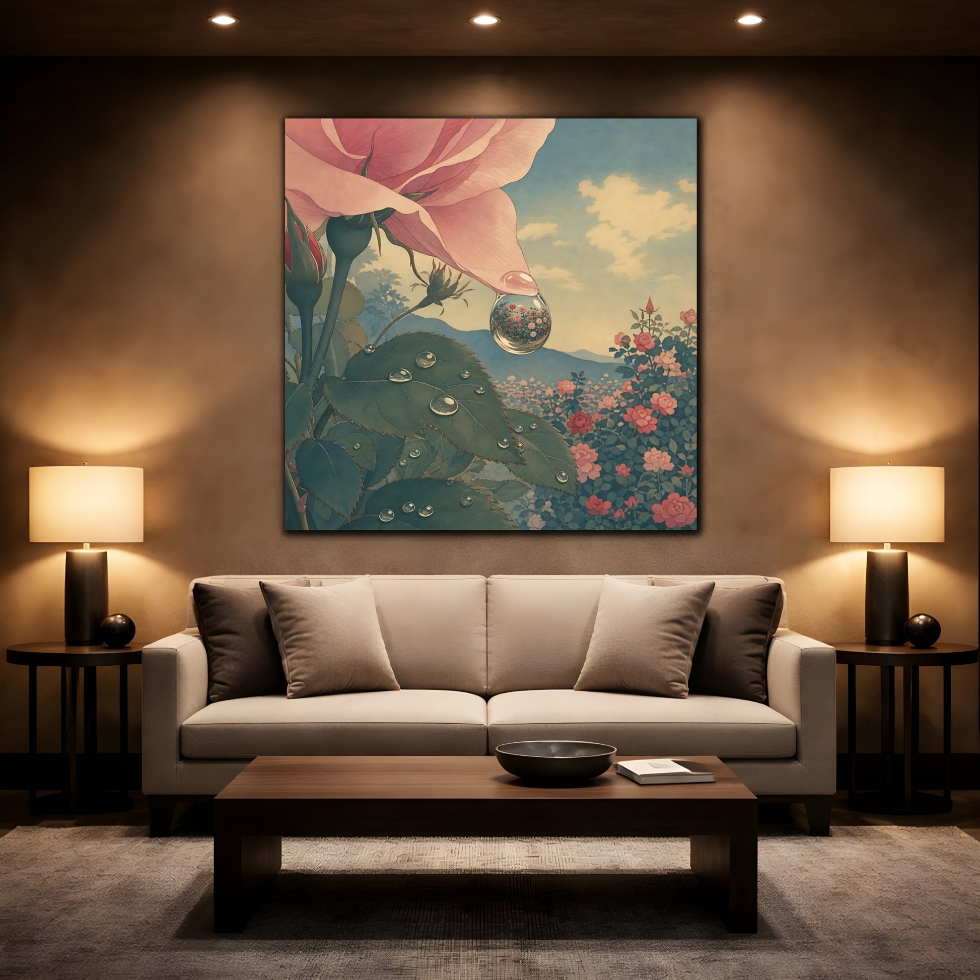 Mockup 2. Dew Drop Rose Reflection shown as canvas print