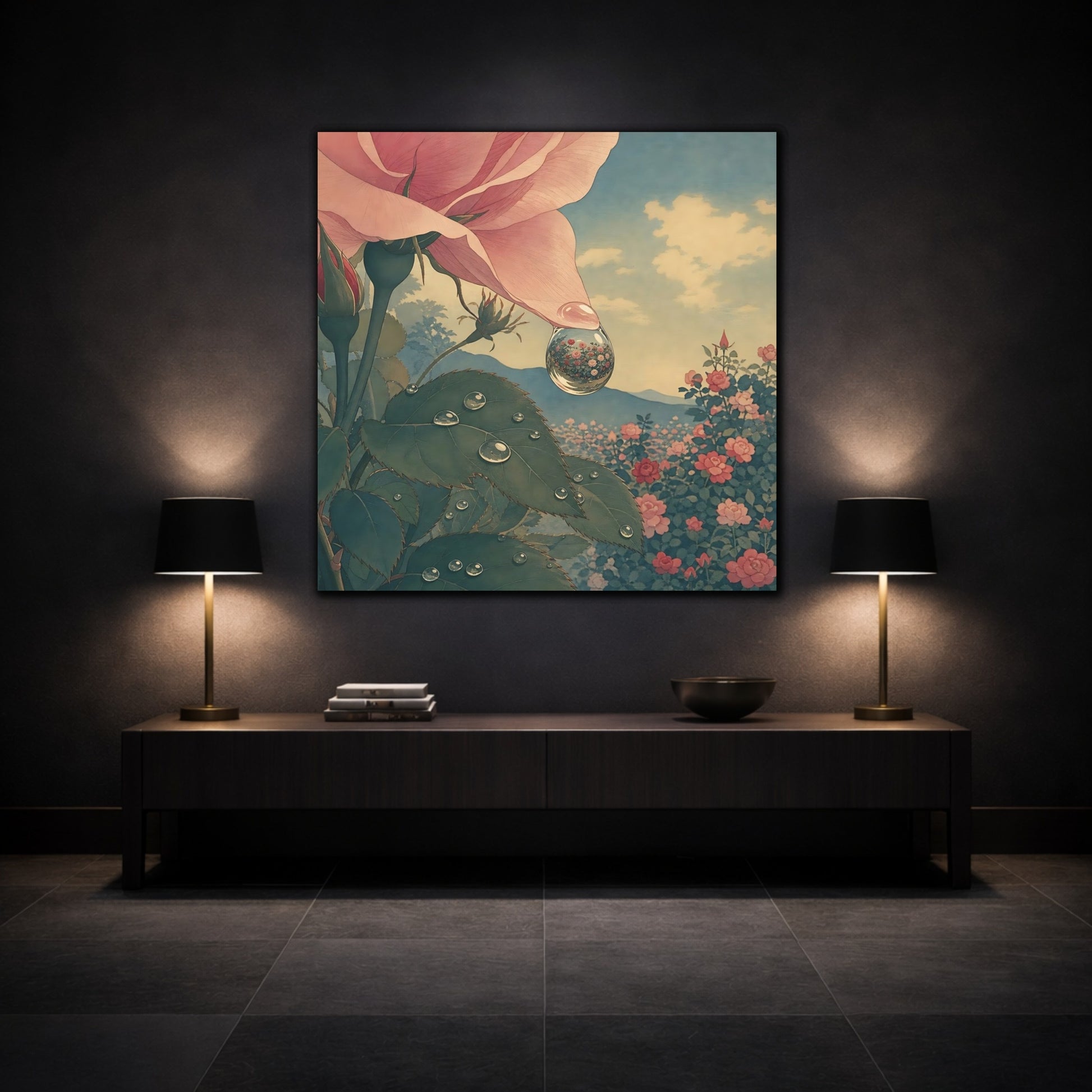 Mockup 3. Dew Drop Rose Reflection shown as canvas print