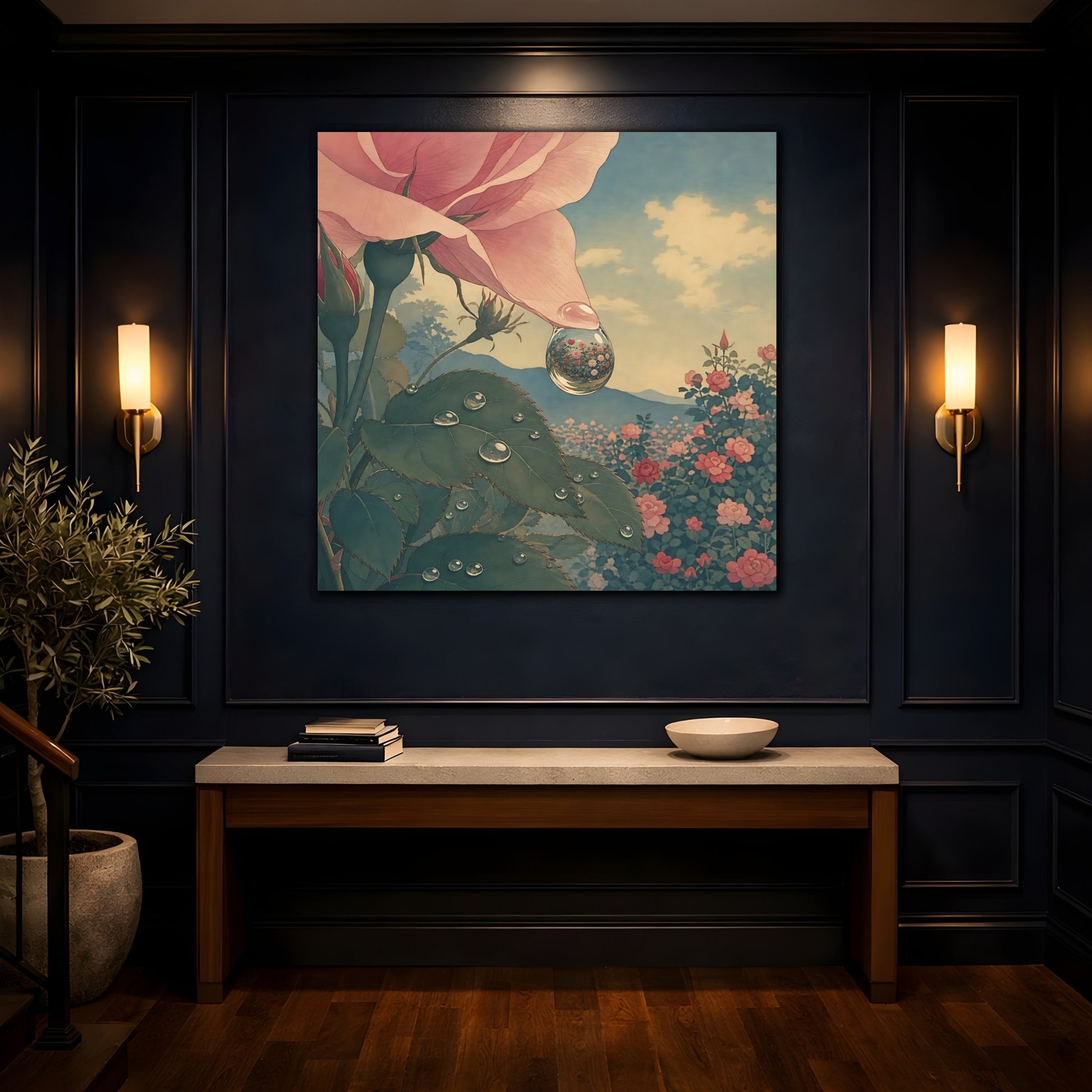 Mockup 4. Dew Drop Rose Reflection shown as canvas print