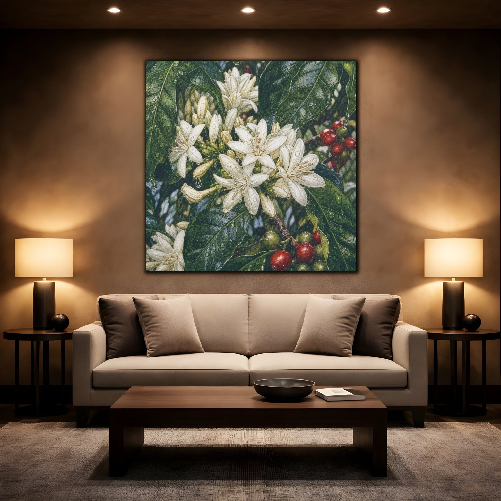 Mockup 2. Dewy Coffee Blossoms shown as canvas print