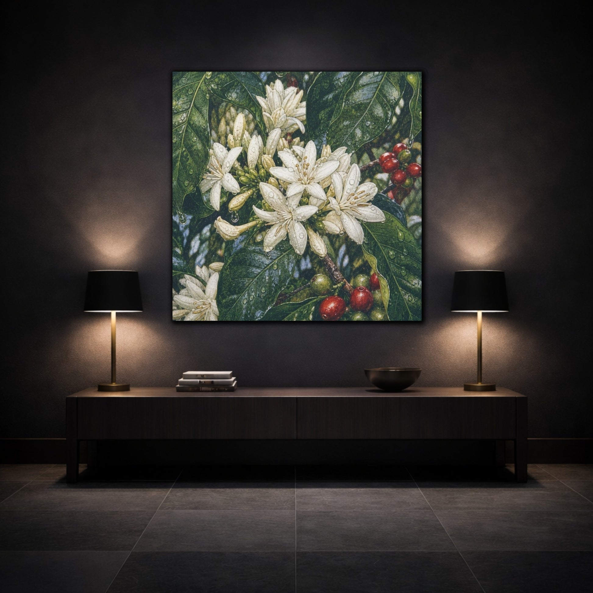 Mockup 3. Dewy Coffee Blossoms shown as canvas print