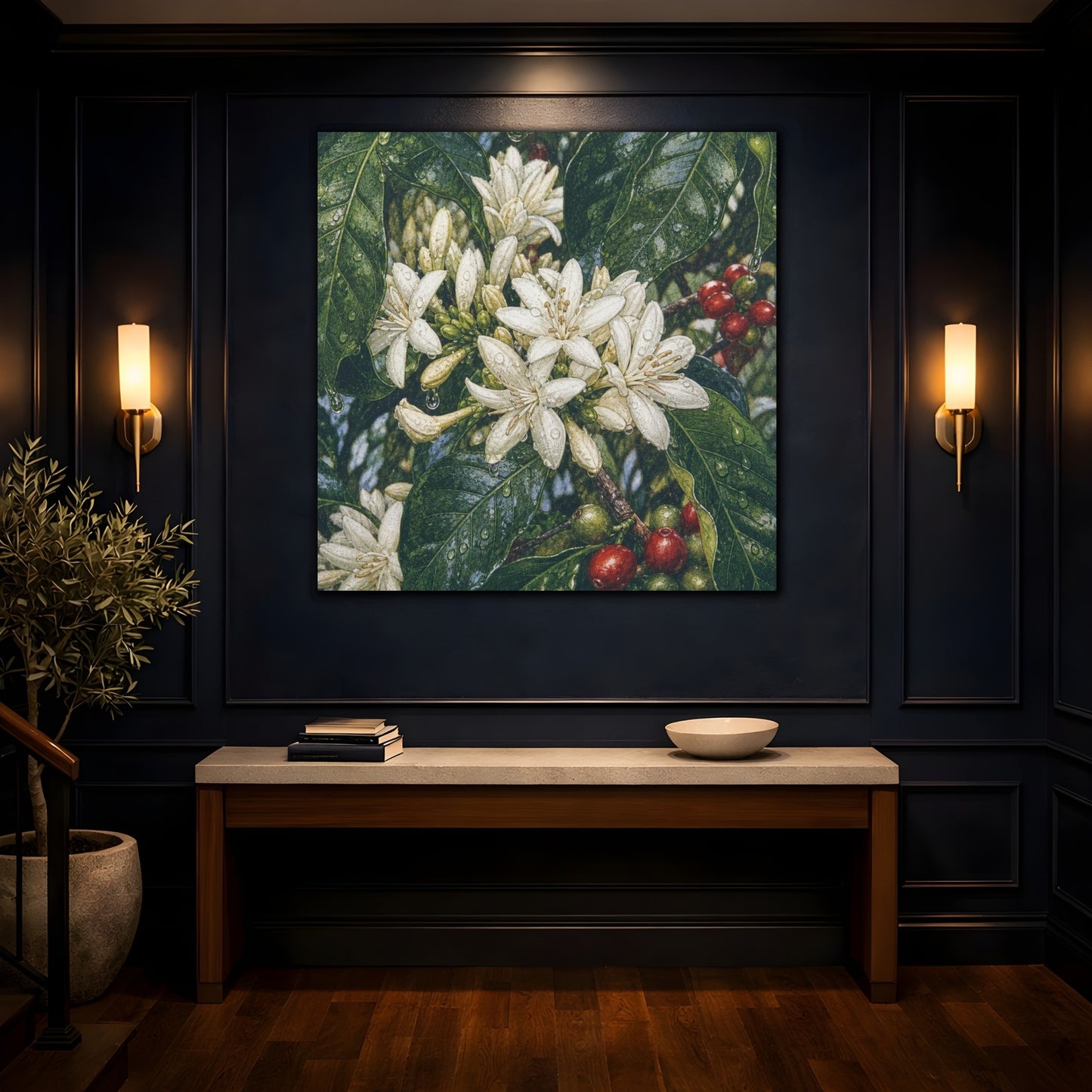 Mockup 4. Dewy Coffee Blossoms shown as canvas print