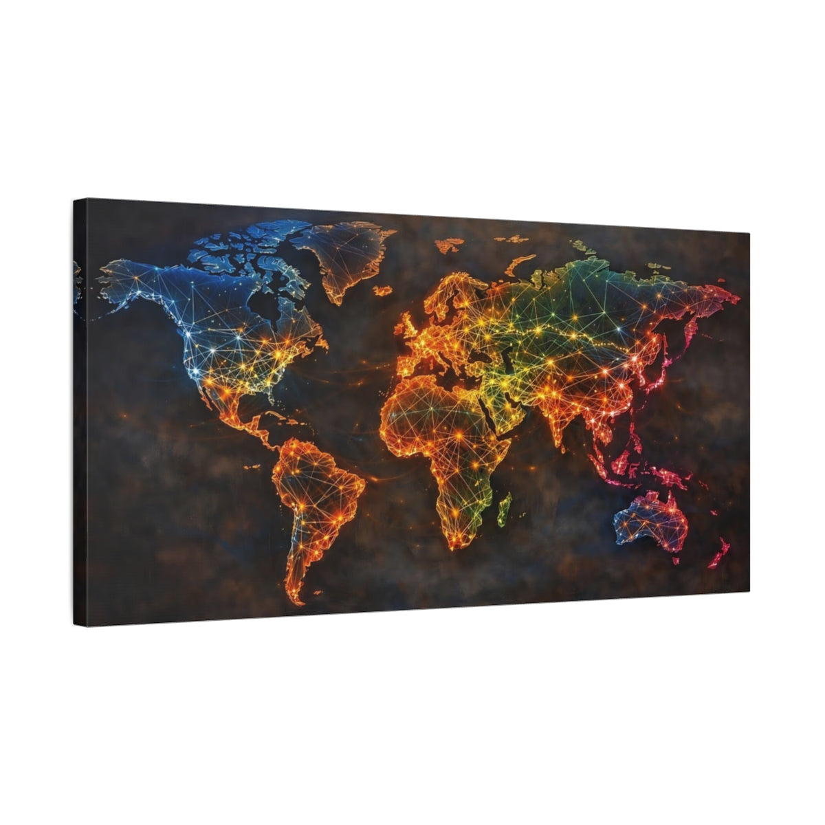 Side Mockup 2. Maps World Map Colorful Map shown as stretched canvas wall art