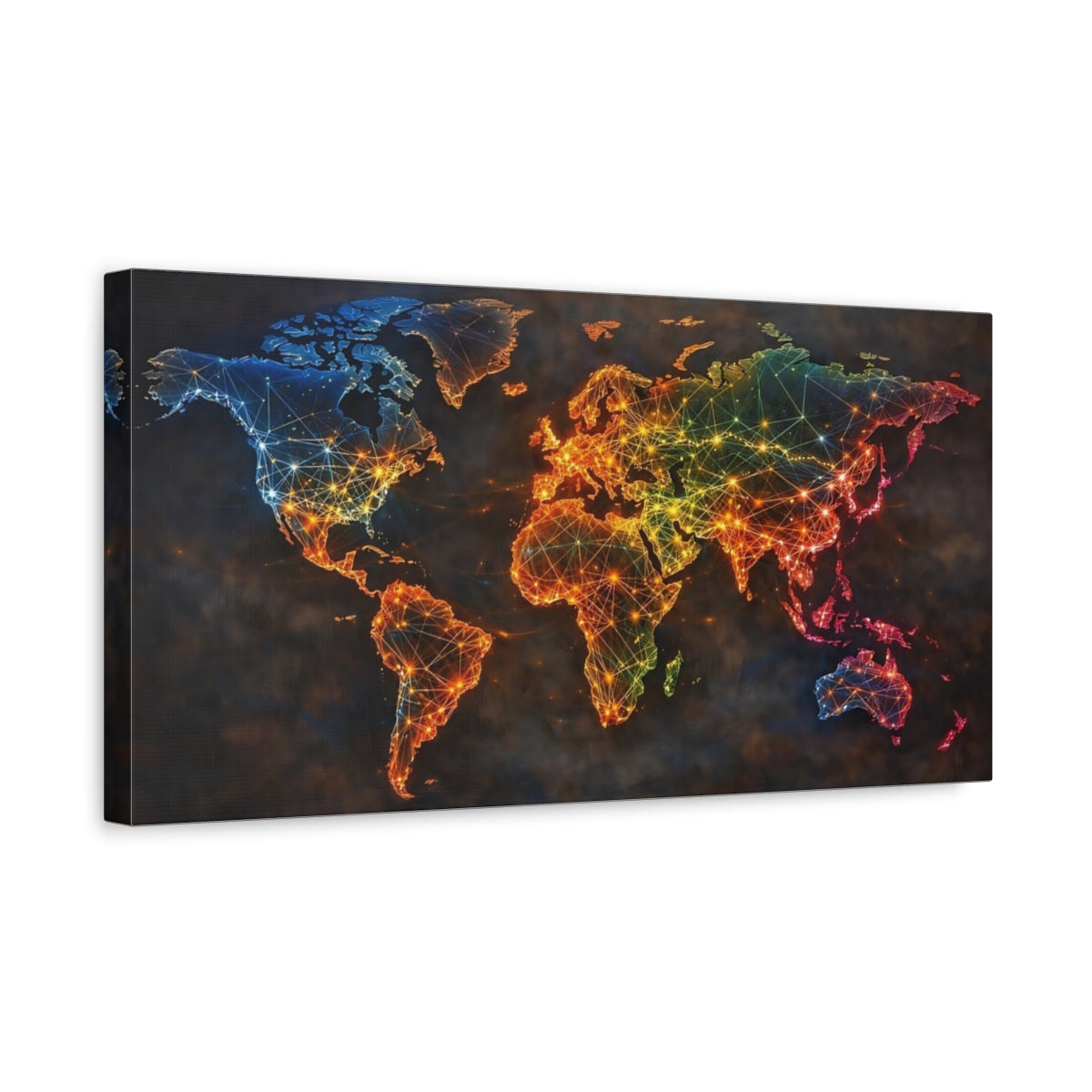 Side Mockup 3. Maps World Map Colorful Map shown as stretched canvas wall art