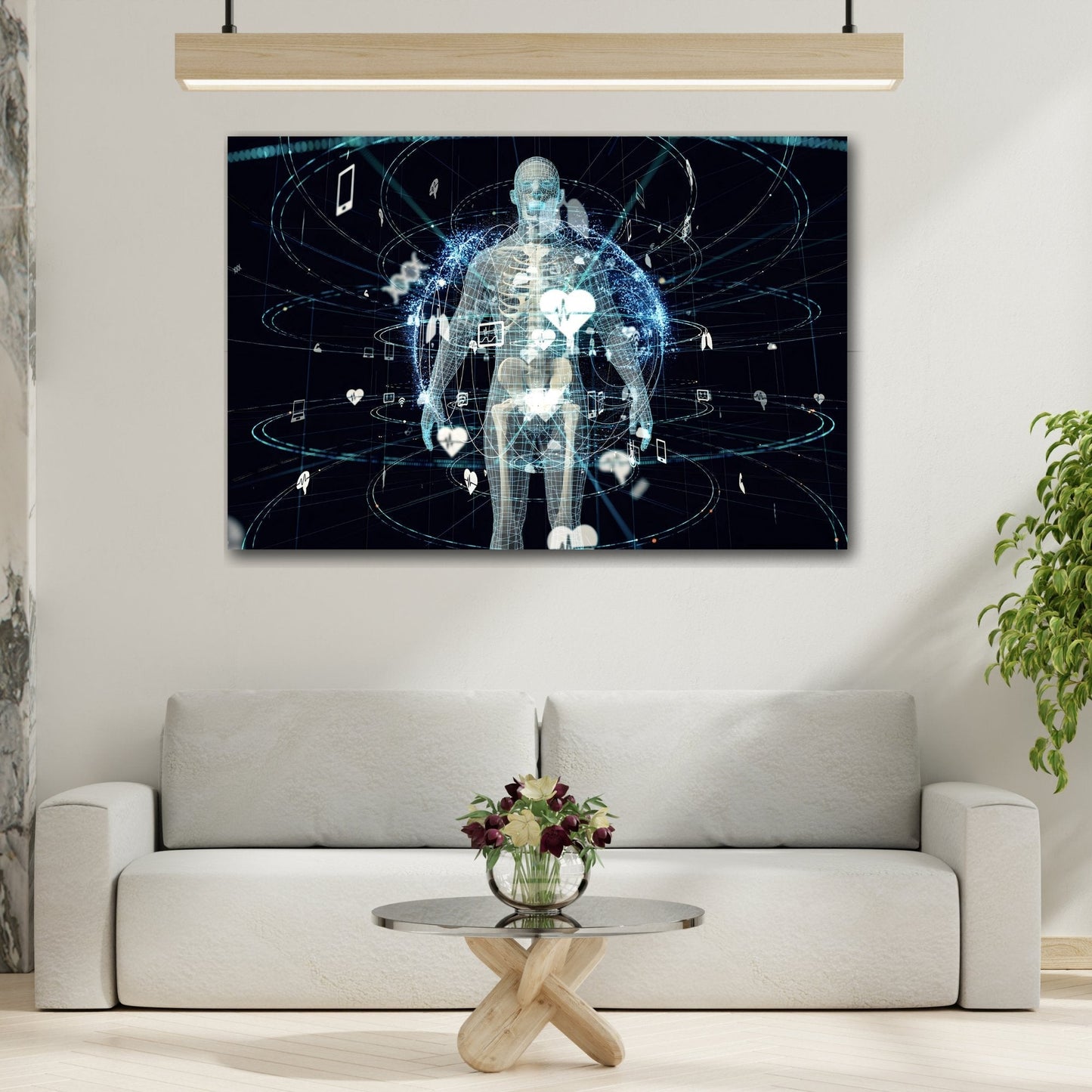 Digital Health Network and Human Anatomy Canvas Print - Modern Doctor Office Wall Art Decor, Bone X-Ray Imagery Artwork