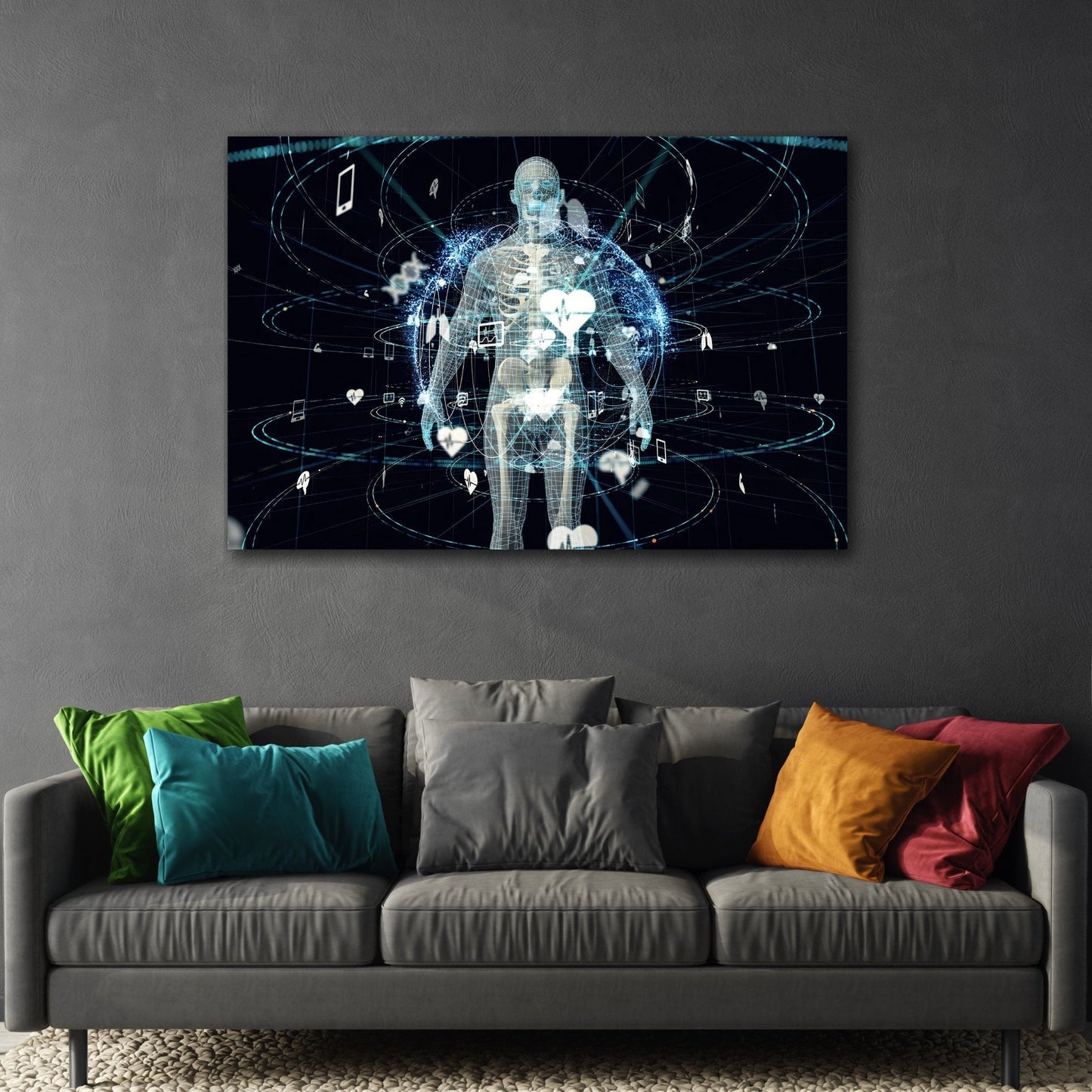 Digital Health Network and Human Anatomy Canvas Print - Modern Doctor Office Wall Art Decor, Bone X-Ray Imagery Artwork