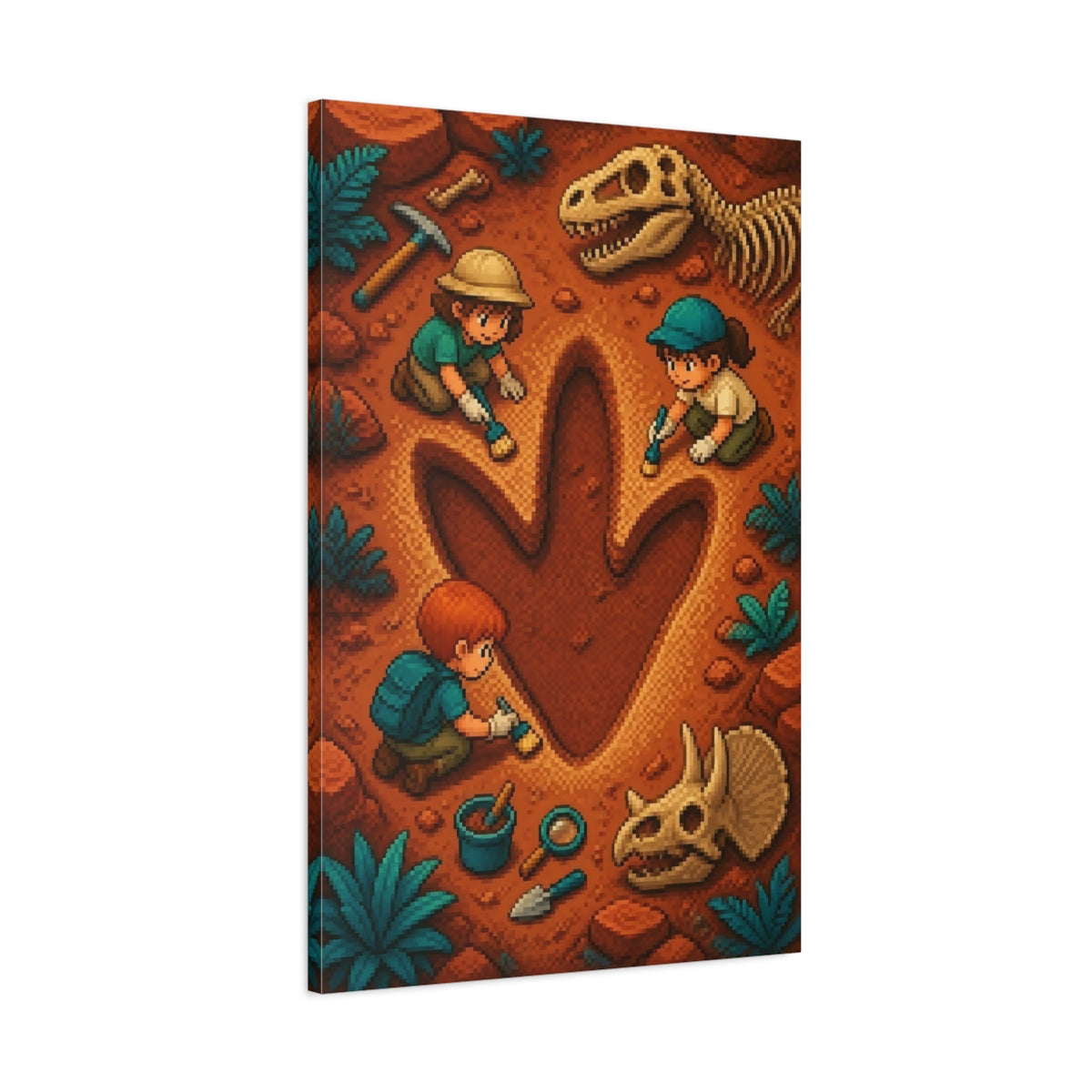 Main Mockup. Dinosaur Footprint Dig shown as canvas print