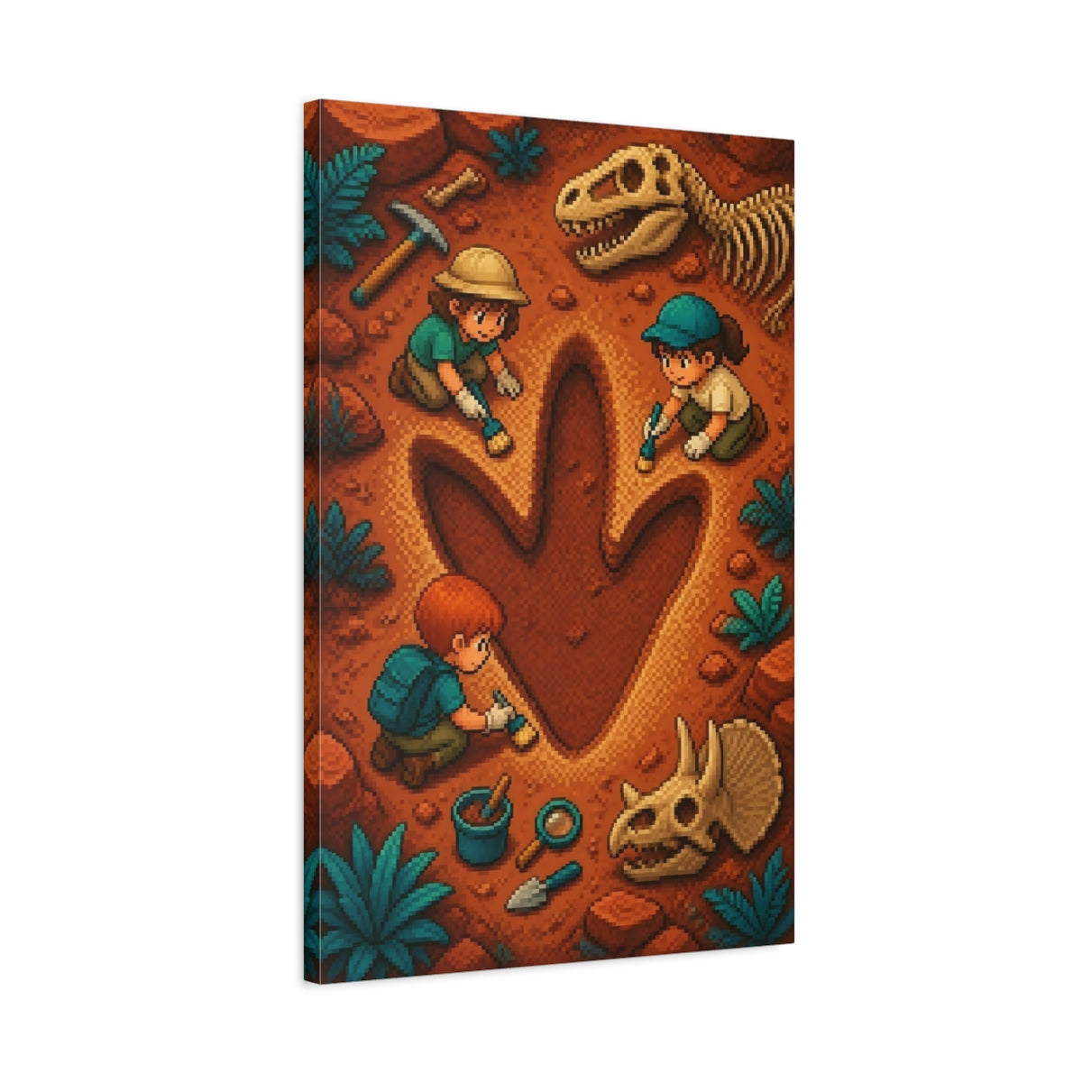 Side Mockup 2. Dinosaur Footprint Dig shown as canvas print
