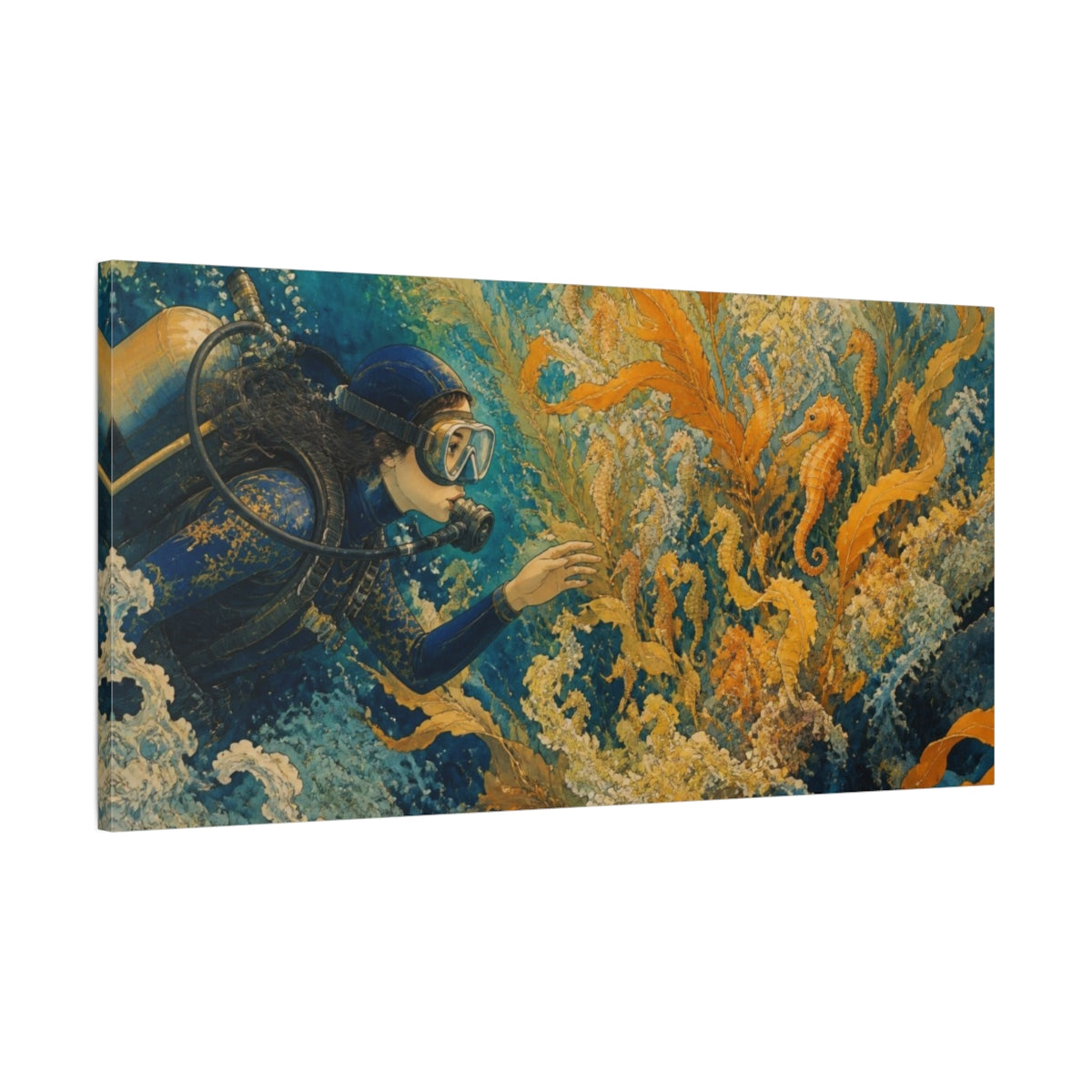 Main Mockup. Diver And Seahorse Nursery shown as canvas print