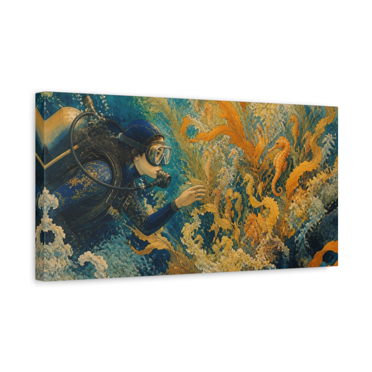 Side Mockup 3. Diver And Seahorse Nursery shown as canvas print