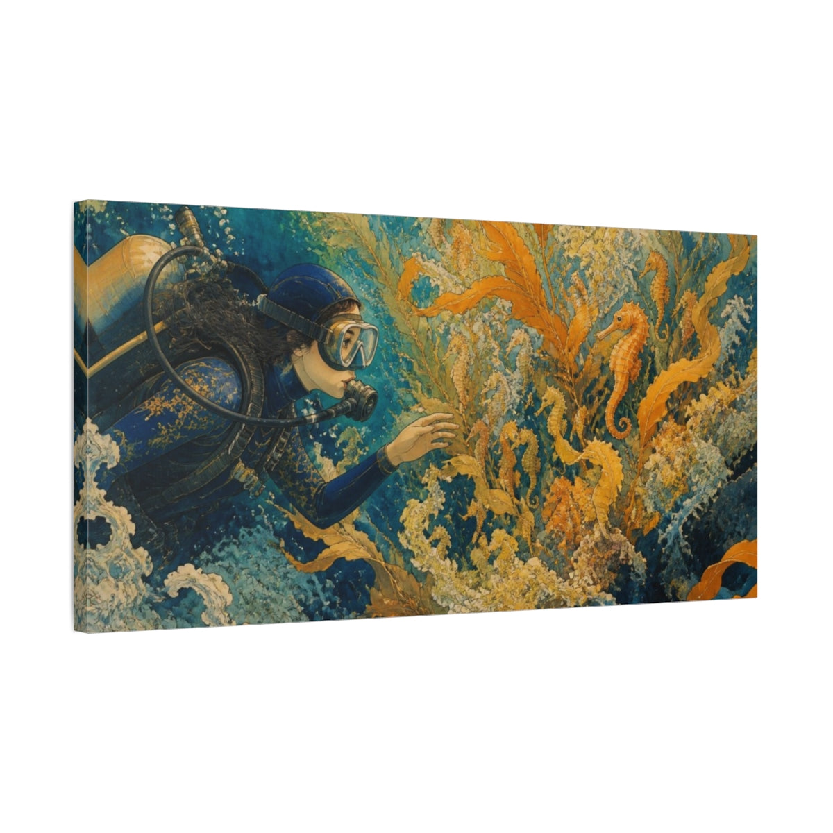 Side Mockup 1. Diver And Seahorse Nursery shown as canvas print