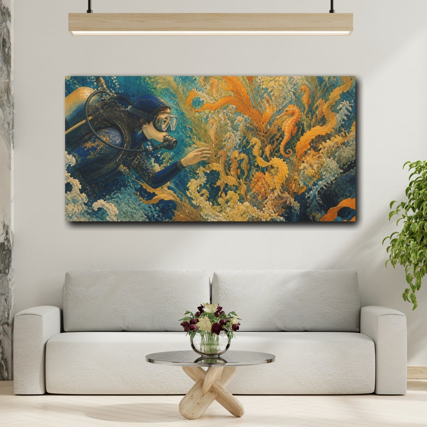 Mockup 2. Diver And Seahorse Nursery shown as canvas print