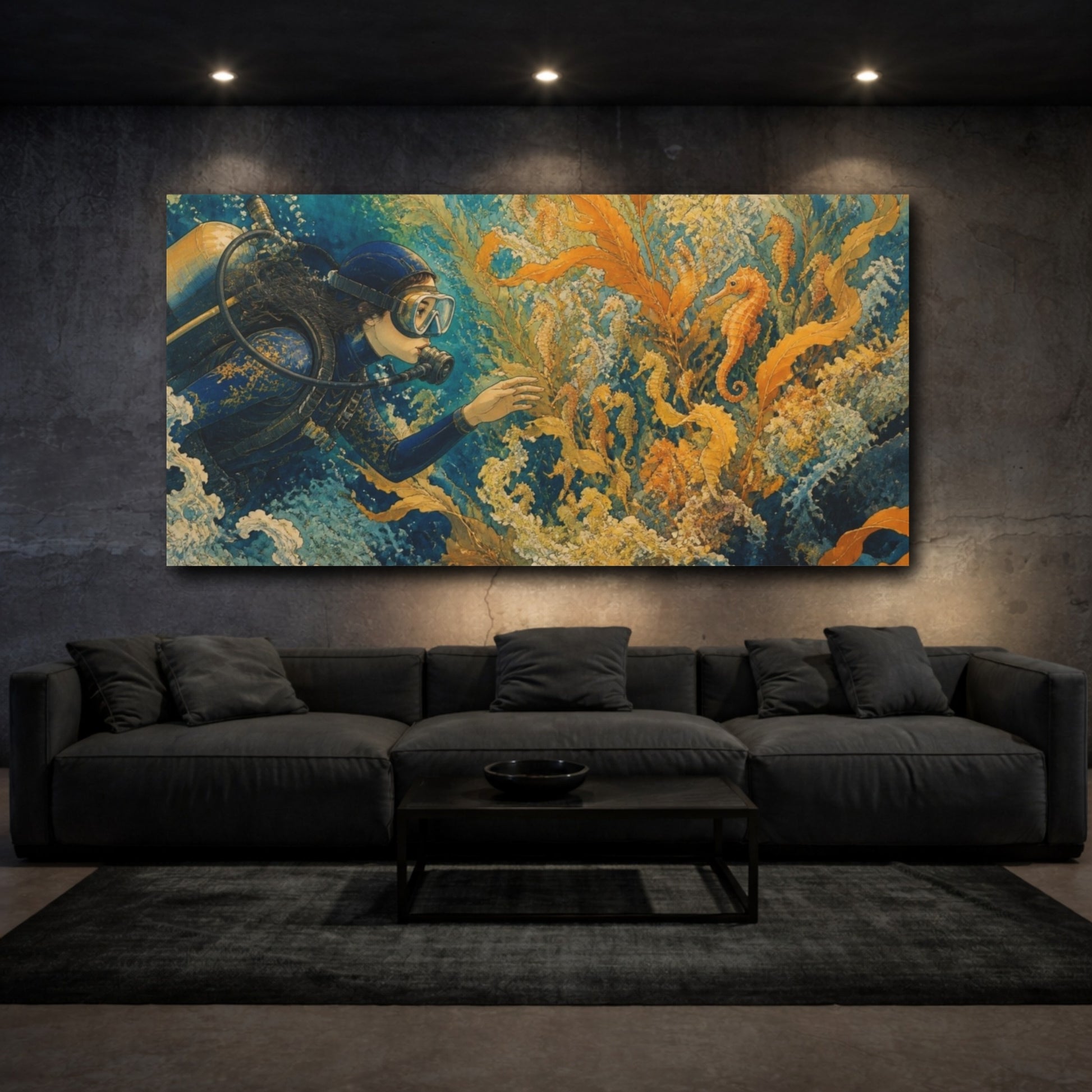 Mockup 3. Diver And Seahorse Nursery shown as canvas print