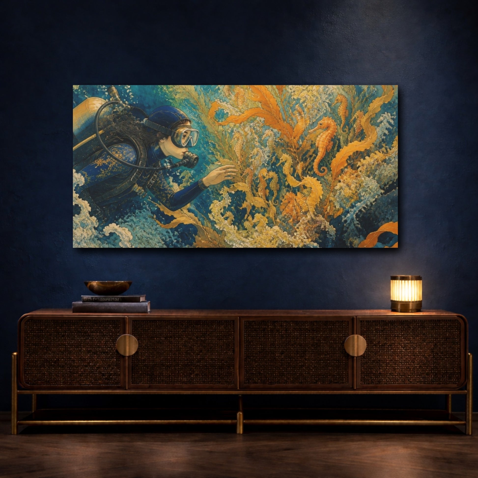 Mockup 4. Diver And Seahorse Nursery shown as canvas print