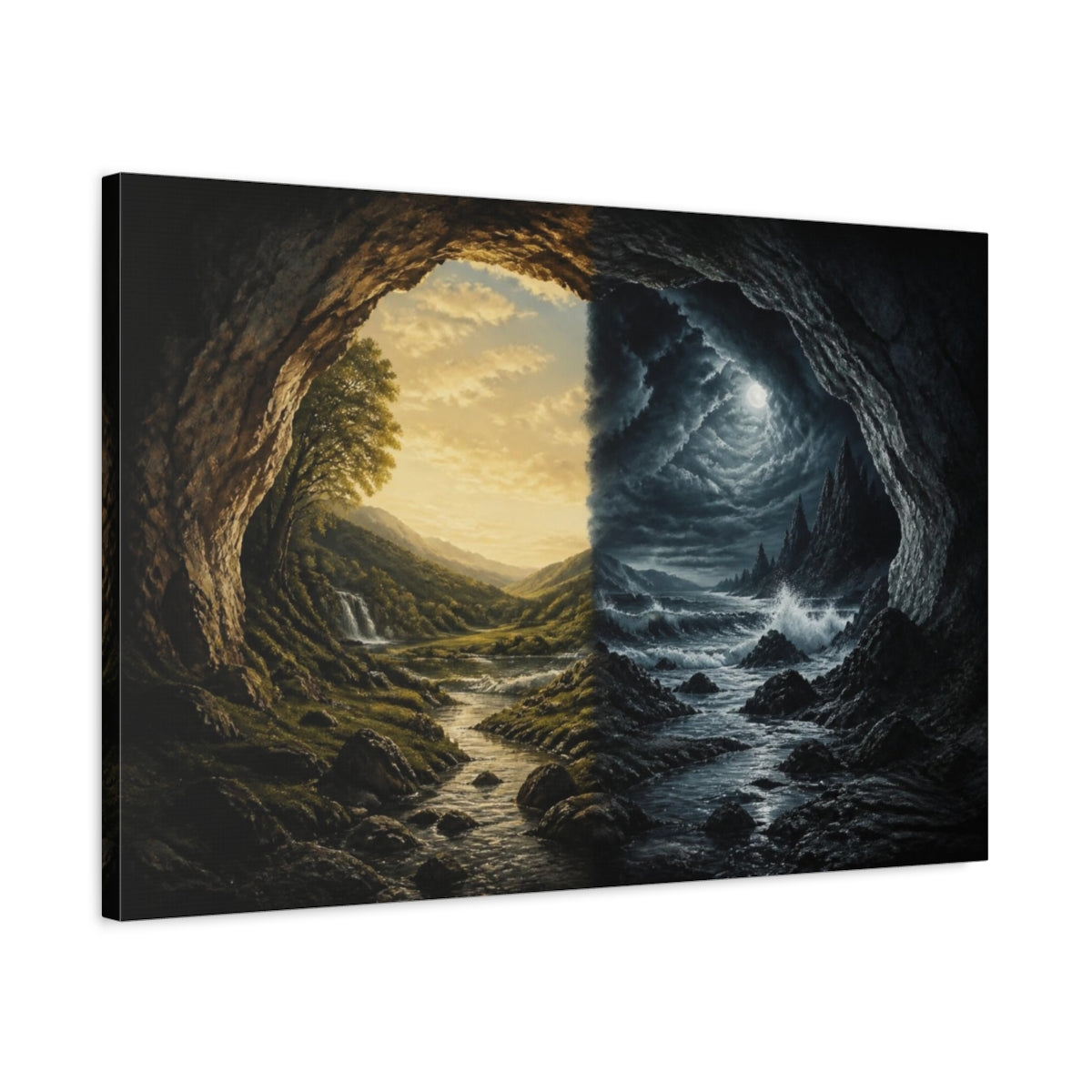 Side Mockup 2. Divided Day And Night shown as canvas print