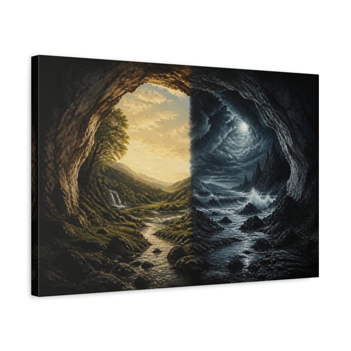 Side Mockup 3. Divided Day And Night shown as canvas print