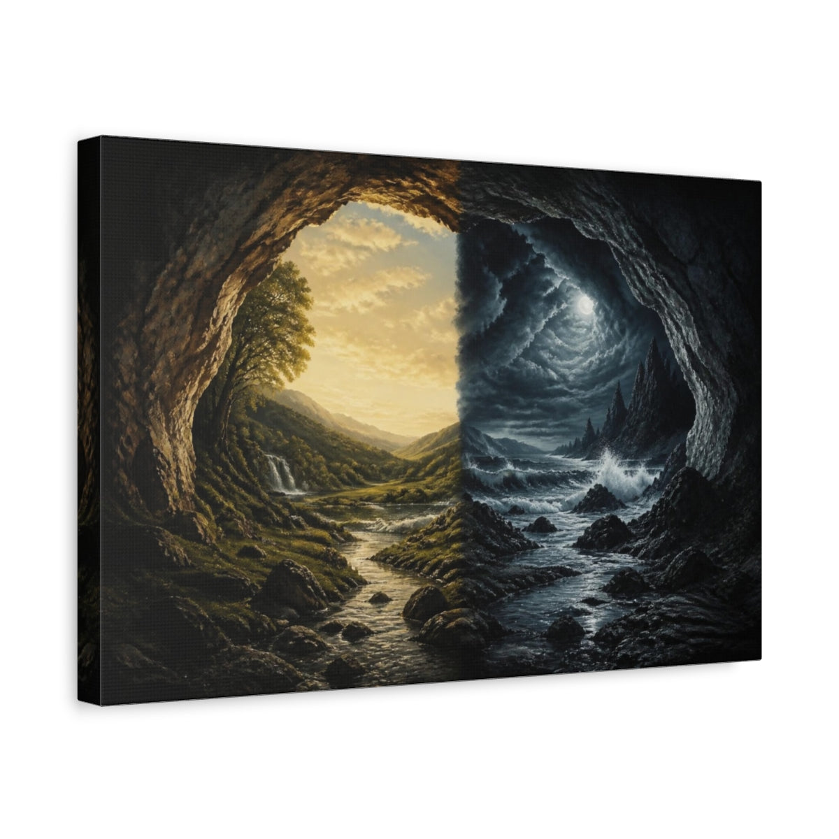 Side Mockup 4. Divided Day And Night shown as canvas print
