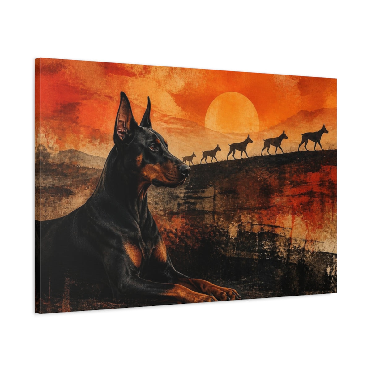 Main Mockup. Doberman Pets Sunset shown as canvas print