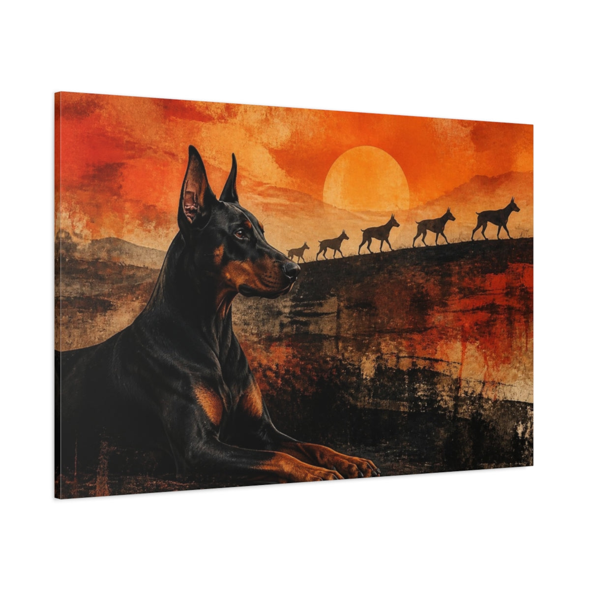 Side Mockup 1. Doberman Pets Sunset shown as canvas print