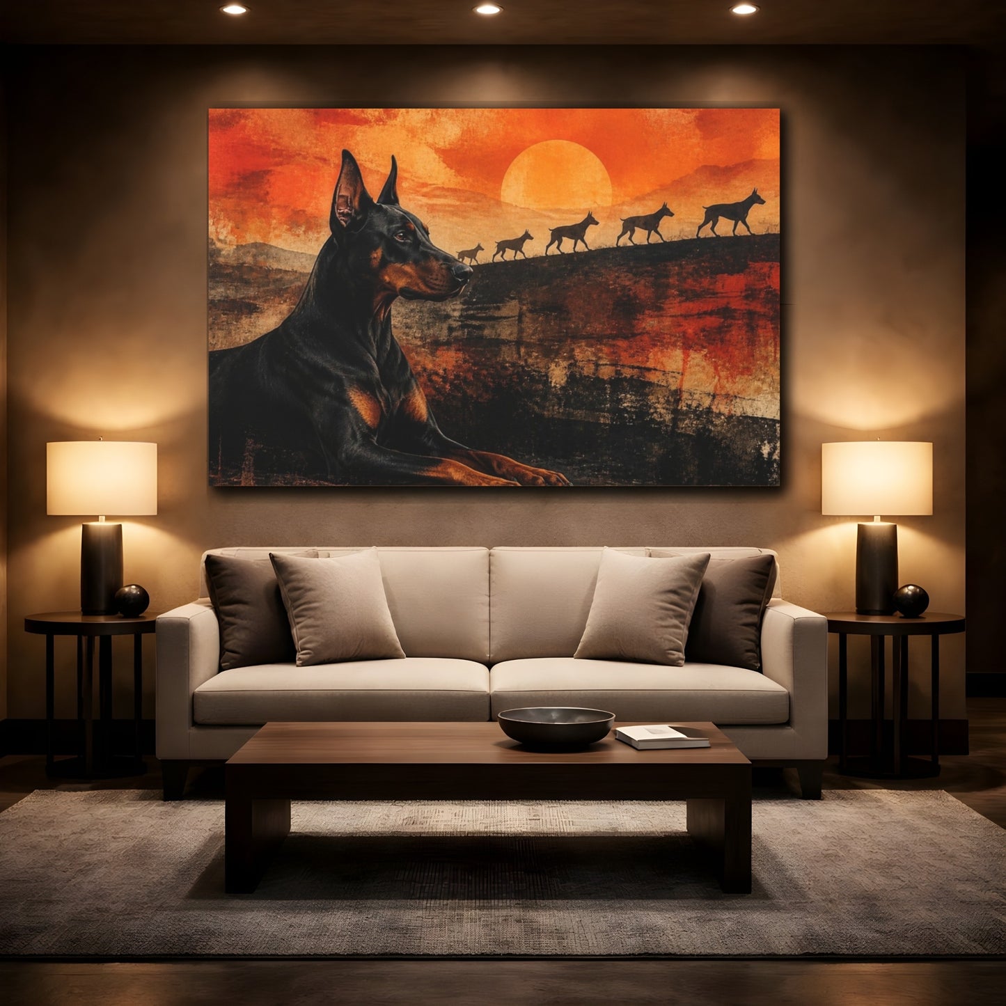 Mockup 2. Doberman Pets Sunset shown as canvas print