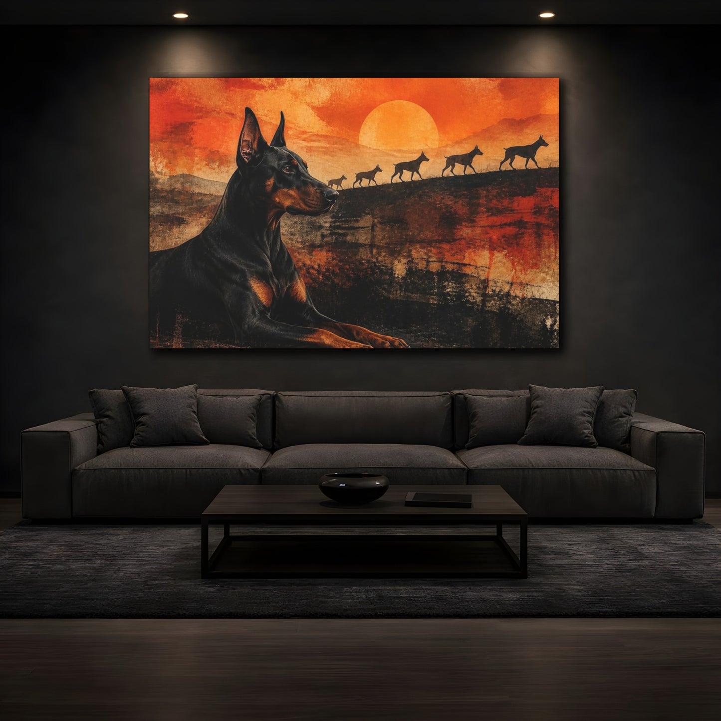 Mockup 3. Doberman Pets Sunset shown as canvas print